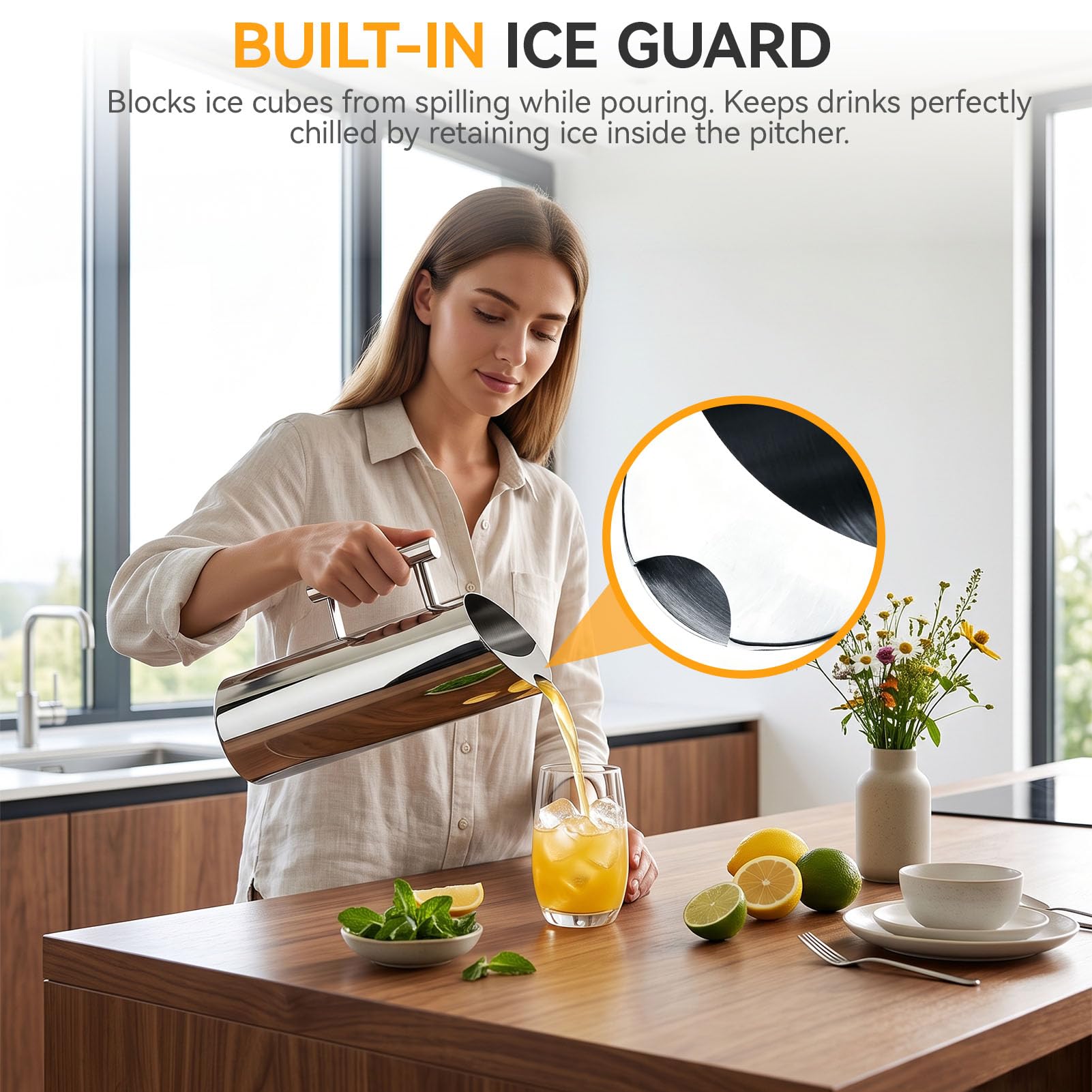 Pichet à eau en acier inoxydable,pichet inox, Cruche à Eau avec Bec verseur et Anse, Pichet à Eau en Acier Inoxydable 1,5 litres Carafe Eau, cruche à eau 1.5L avec garde-glace(1,5 L)
