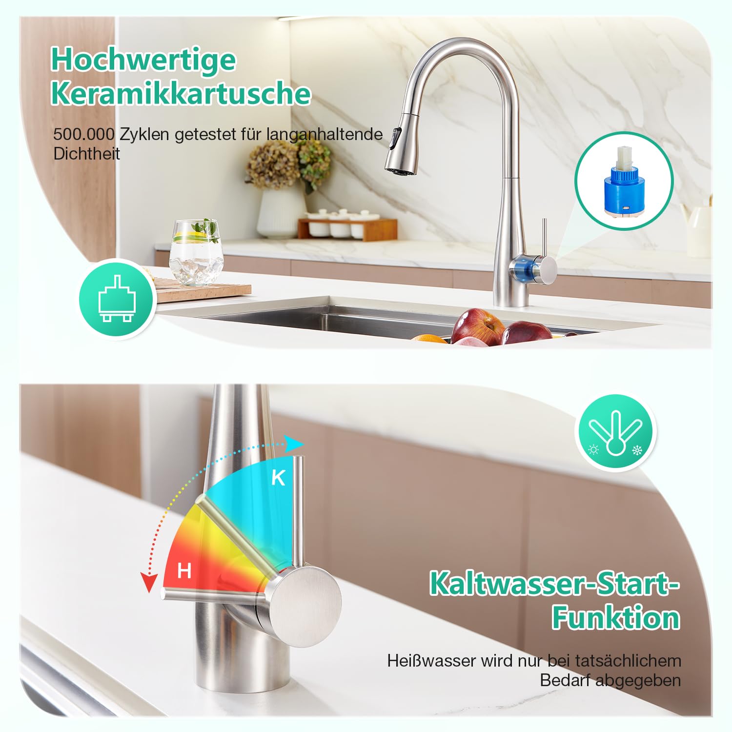 CREA Wasserhahn Armatur Küche Ausziehbar, Küchenarmatur mit Brause 3 Wasserstrahlarten, Einhebelmischer Spültischarmatur, Gebürstet