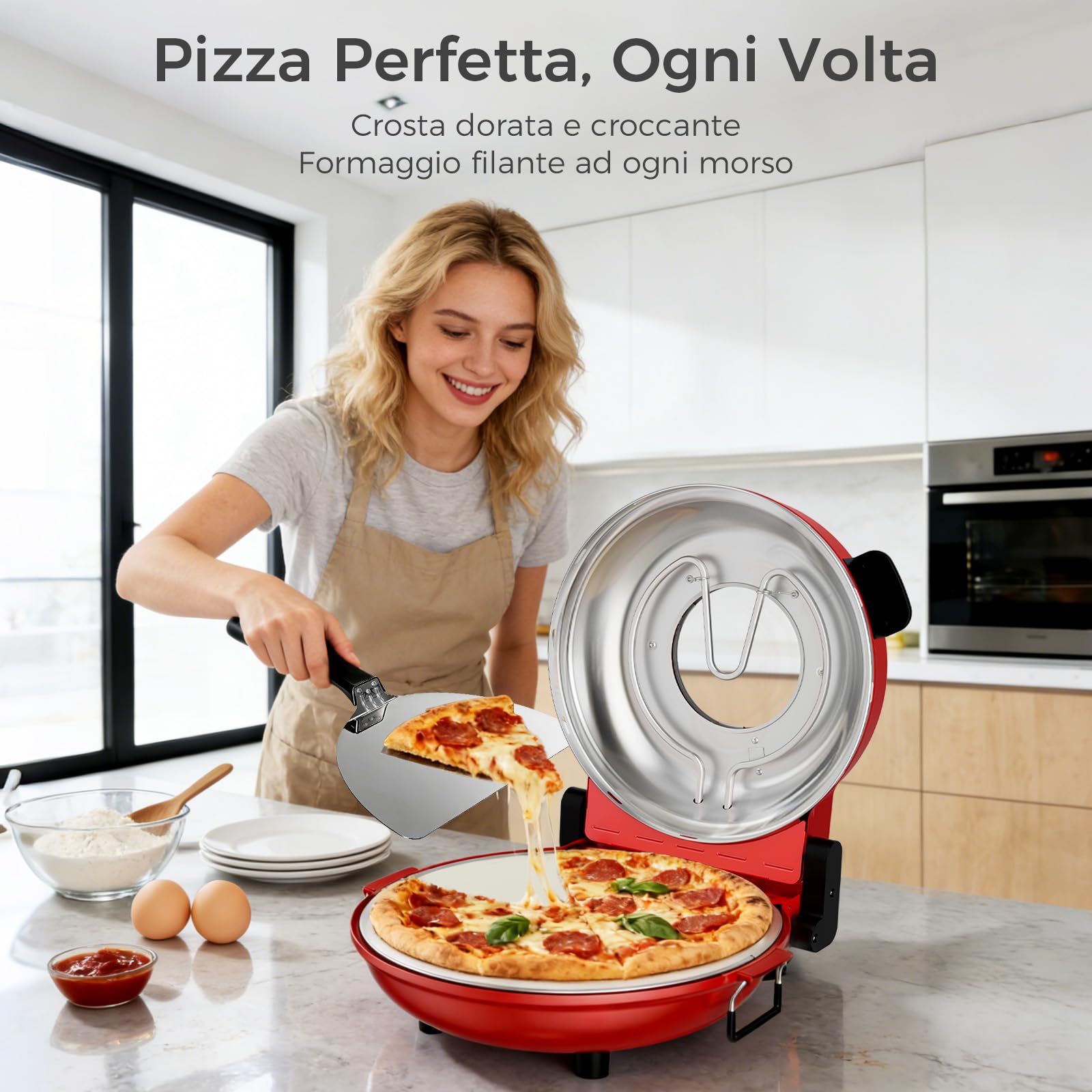 YASHE Forno Pizza Elettrico 400°C, 1200W, Pizza Pronta in 4–6 Minuti | Pietra Refrattaria 30 cm, Doppio Riscaldamento, Forno Per Pizza Da Interno , Timer, Finestra, Portatile