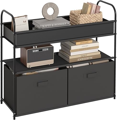 Sywhitta Organizador de almacenamiento de armario de 3 niveles, estante de almacenamiento con 2 cajas de almacenamiento plegables, estante de