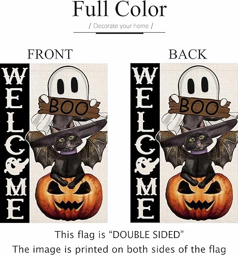 Miniatura 7 de Banderas de bienvenida de Halloween, banderas de fantasmas con cara de gato negro y calabaza de doble cara de 12 x 20 pulgadas, banderas verticales