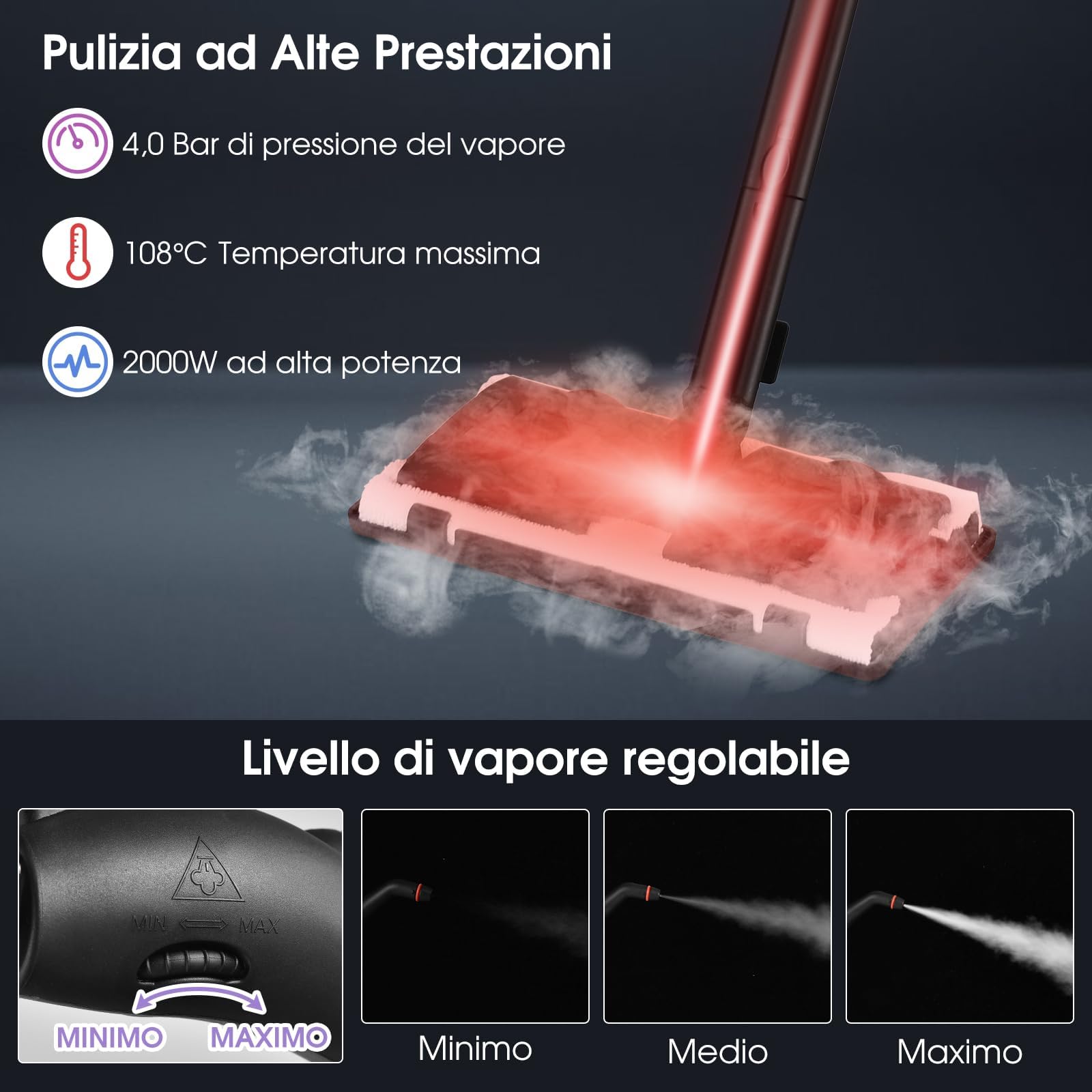 RELAX4LIFE Pulitore a Vapore 2000W, Serbatoio 1,5L da 45 Minuti, 19 Accessori, Continuo a 108°C e 4 Bar per Pavimenti, Tappeti, Auto, Vetri, Igienizza Senza Chimici, Blocco Sicurezza (ARANCIONE)