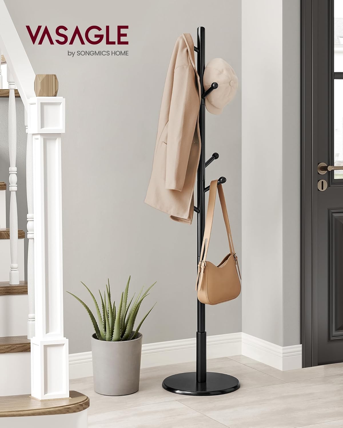 vasagle solid wood coat rack, free standing hall coat tree with 8 hooks, 3 height options, for coats, hats, bags, purses, for entryway, hallway, rubberwood hooks and pole, ink black urcr007p33 round base + spherical hooks ink black