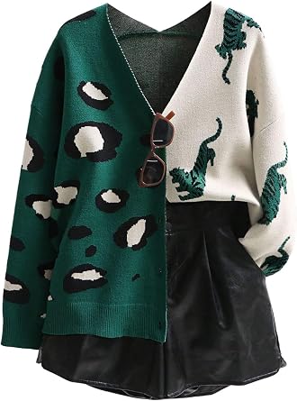 Leopard Tiger Print Cardigan Women Color Block V Neck Sweater Long Sleeve Animal Print Outfits for Women