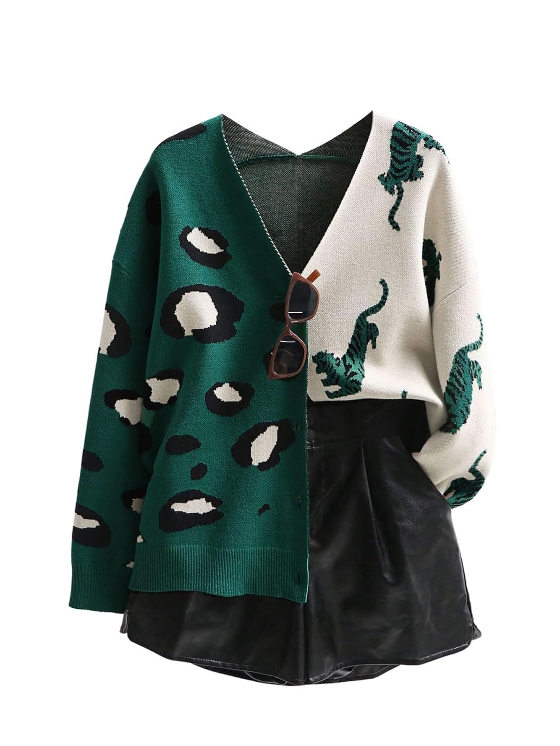 Leopard Tiger Print Cardigan Women Color Block V Neck Sweater Long Sleeve Animal Print Outfits for Women