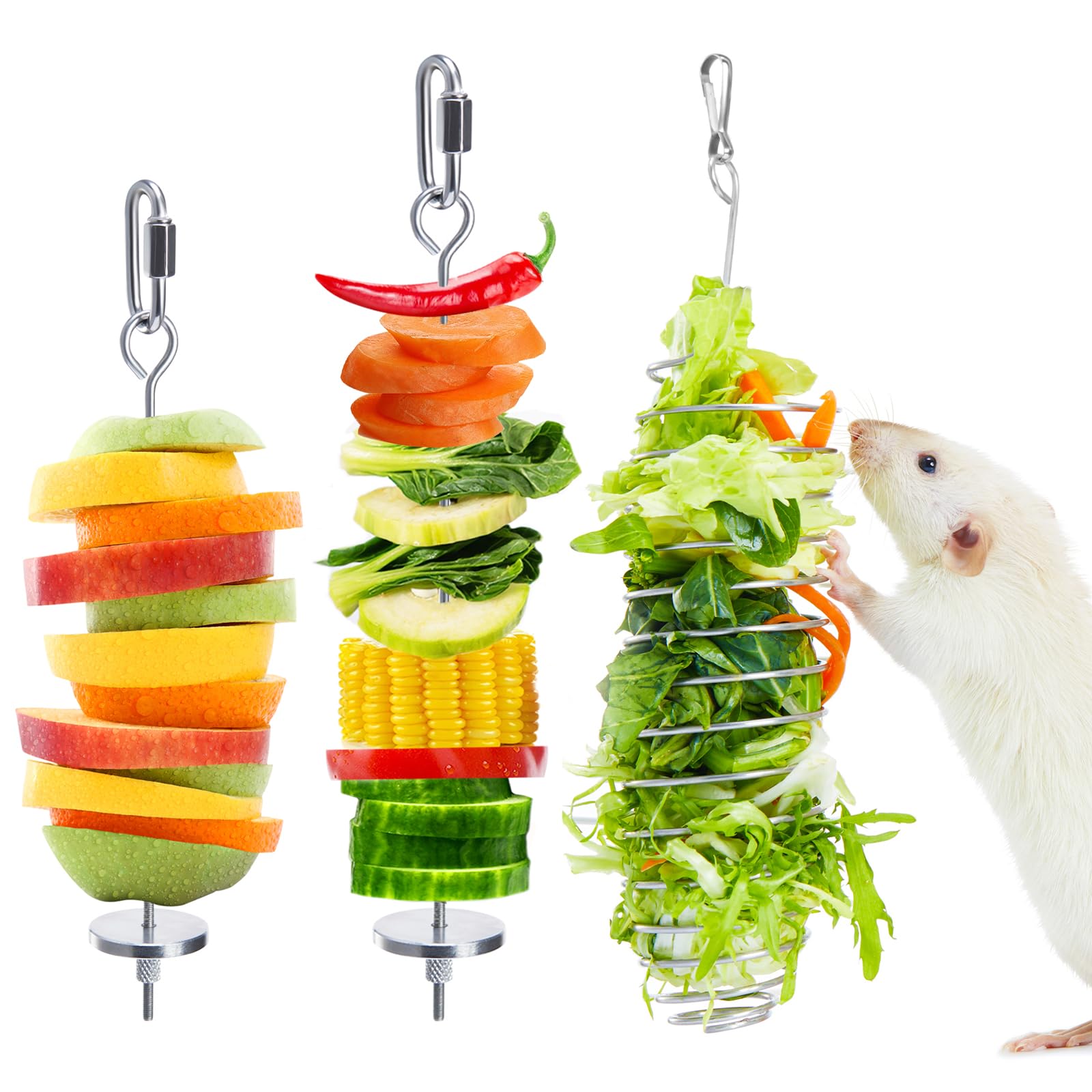 3Pcs Rat Enrichment Toys, 304 Stainless Steel Rat Foraging Toy for Fruit Vegetable Holder, Fancy Mice Cage Accessories Puzzle Toy, Hanging Rodent Toys Slow Feeder, Bird Foraging for Parakeet