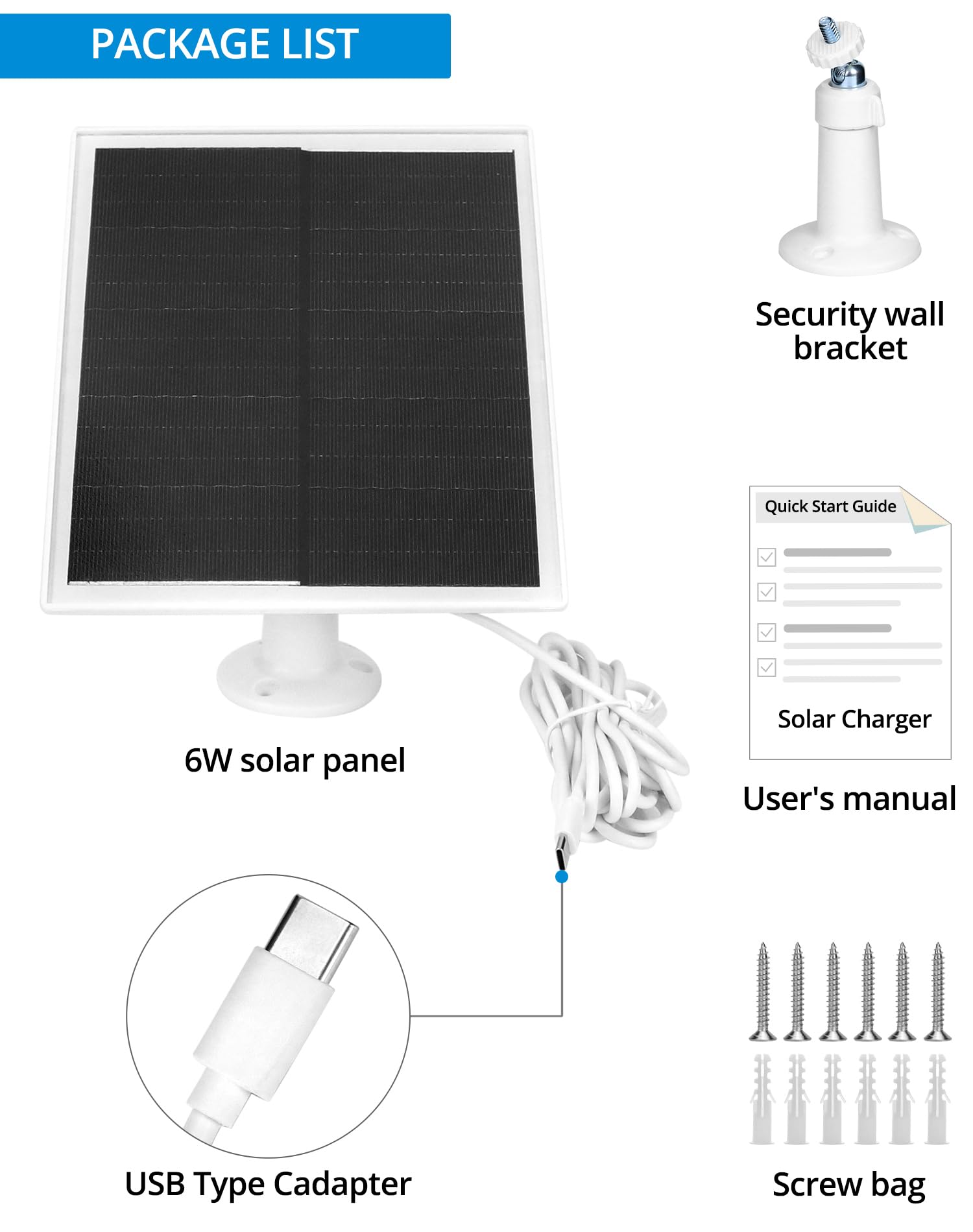 QWORK® Pack da 2 moduli solari da 6 W per telecamere di sorveglianza da esterno, tasso di conversione elevato del 24%, impermeabile IP65, con cavo USB da 3 m e staffa di montaggio a 360°
