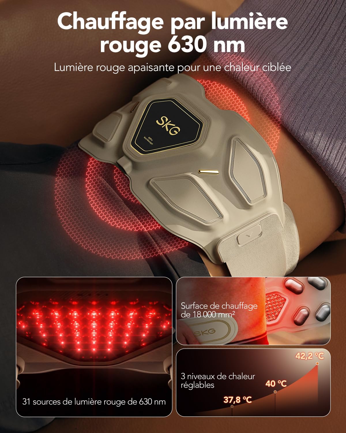SKG Masseur du bas du dos pour soulager la douleur, coussin chauffant réglable sans fil, masseur infrarouge vibrant pour le dos,ceinture lombaire, cadeaux pour papa,femme,convient aux tailles 23-45