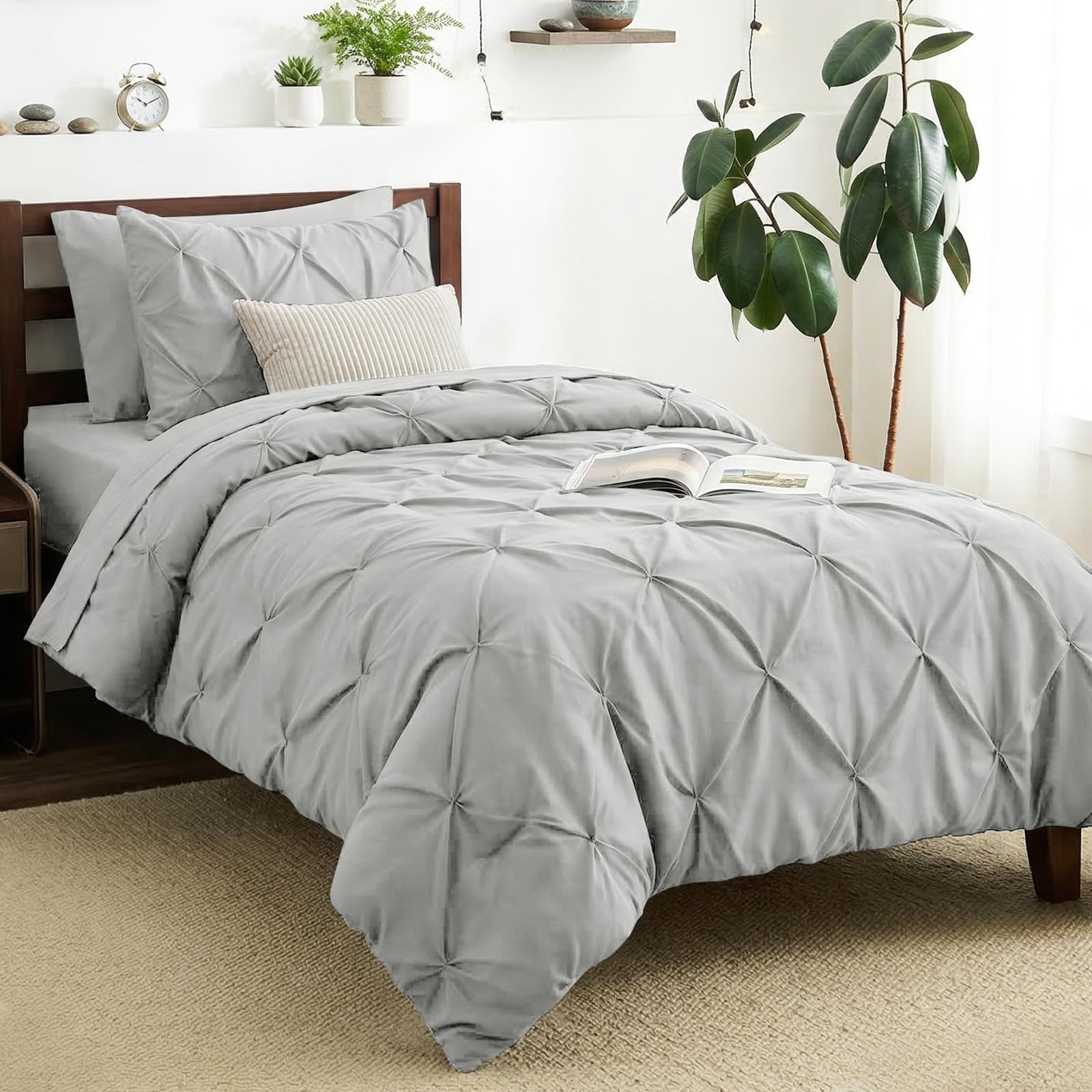 CozyLux Twin XL Comforter Set Light Grey, 5 Pieces Twin Extra Long Pintuck Bed in A Bag for College Dorm, Pinch Pleat Bedding Set with Comforter, Sheets, Pillowcase & Sham