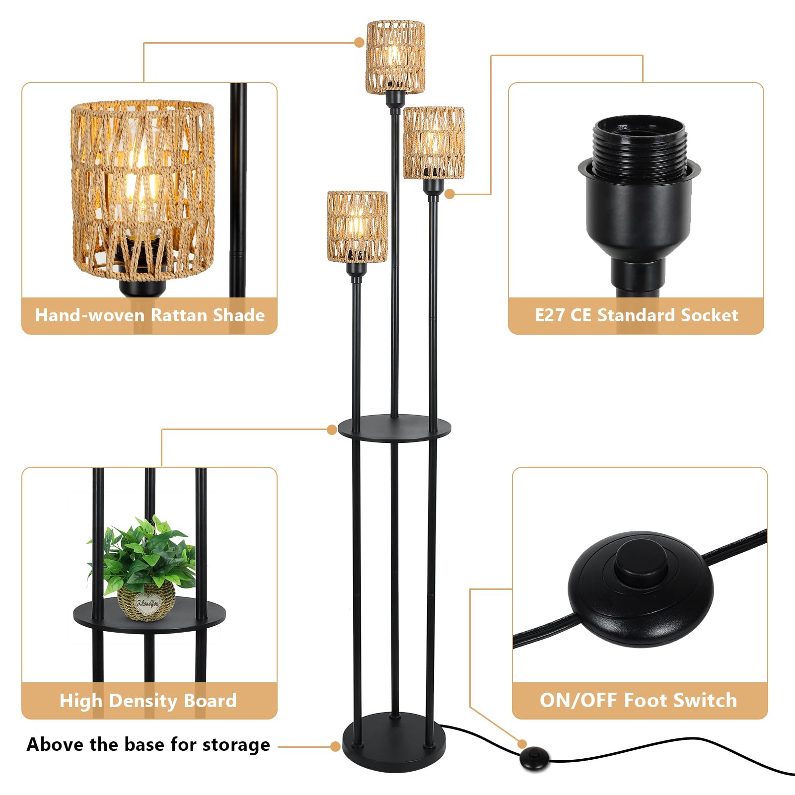 Rayofly Lámpara de Pie Boho de Ratán Con 3 Luces y Estante, Industrial Con Interruptor y Pantalla, Alta Para Salón Dormitorio Oficina