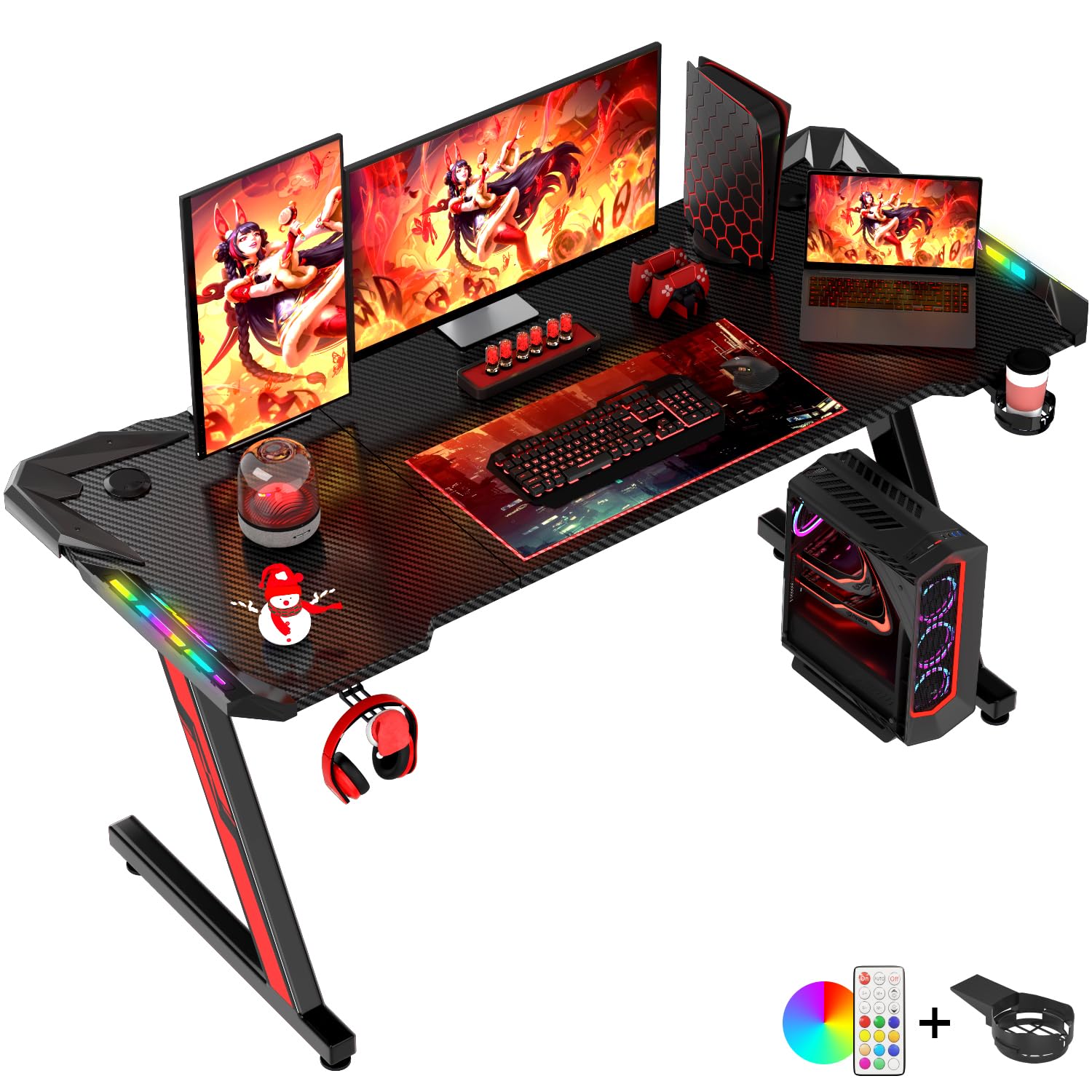 Homall Gaming Desk with LED Lights, 160 x 60cm RGB Gaming Table Z Shape, Large Computer Desk with Headphone Hook and Cup Holder, Gamer Table for Home Office, Black