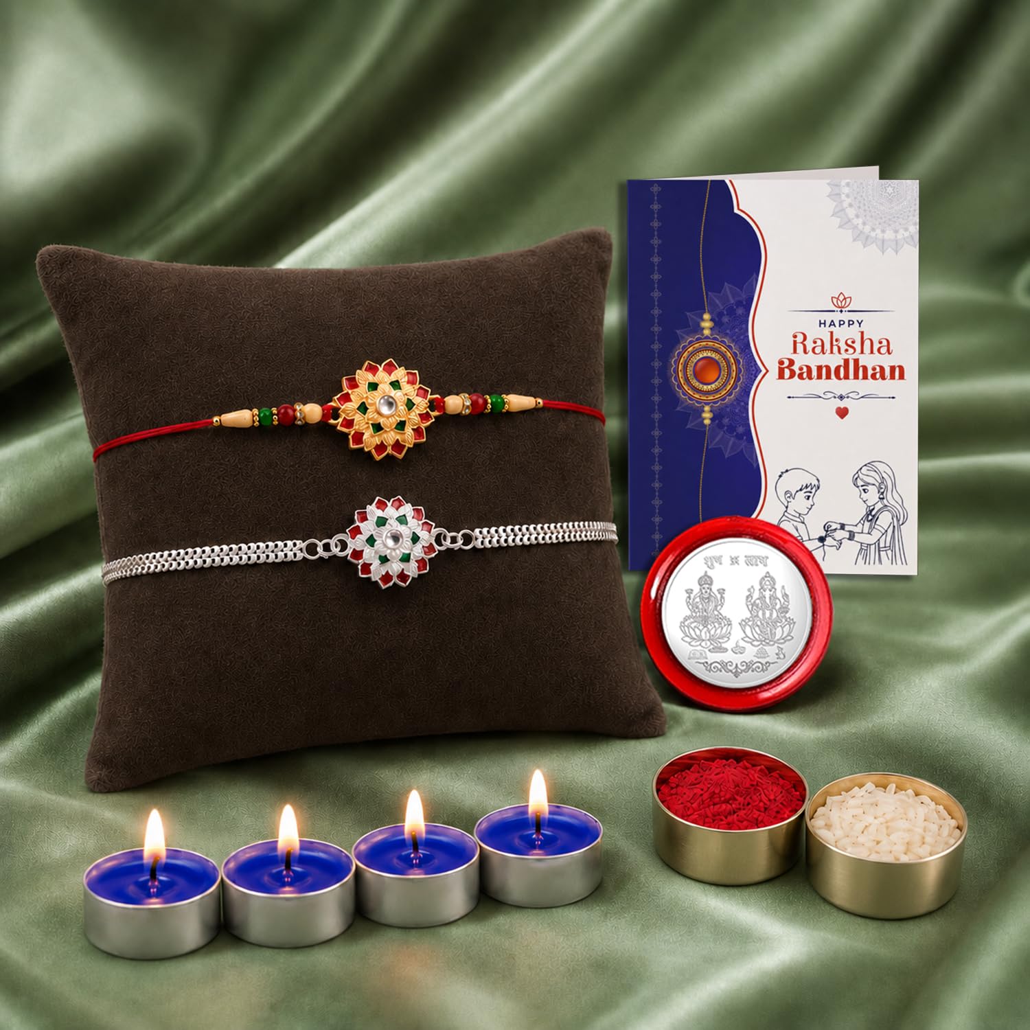 Oblivion Flower Multicolor Rakhi for Brother & Bhaiya with Decorative Smokeless Candles/Tealight - Raksha Bandhan Gift Set with Roli Tikka, Pooja Coin & Greeting Card, Pack of 6-image-21