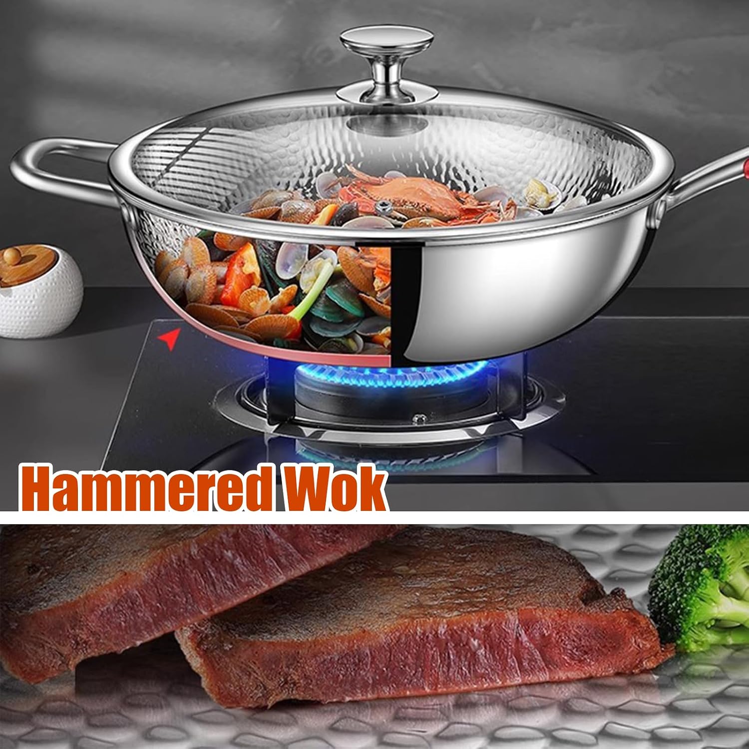 Hammered Wok, Tri-Ply Stainless Steel Hammered Frying Pans Nonstick, Non-Stick Wok, Durable Scratch-Resistant Non Stick Wok Pans for Cooking,with lid,13.39IN