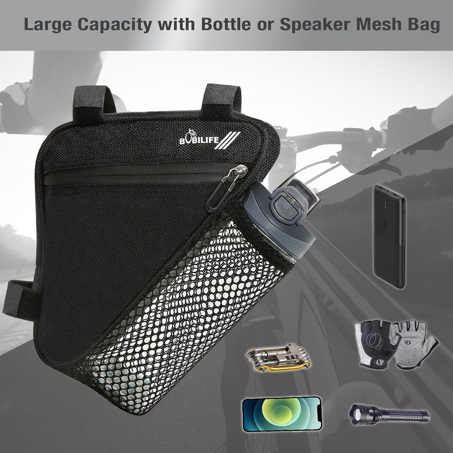 Bike Triangle Frame Bag with Bottle/Mini Speaker Holder - Bicycle Cycling Storage Triangle Top Tube Front Pouch Saddle Bag for Road and Mountain Bikes (W/Tritan Bottle)