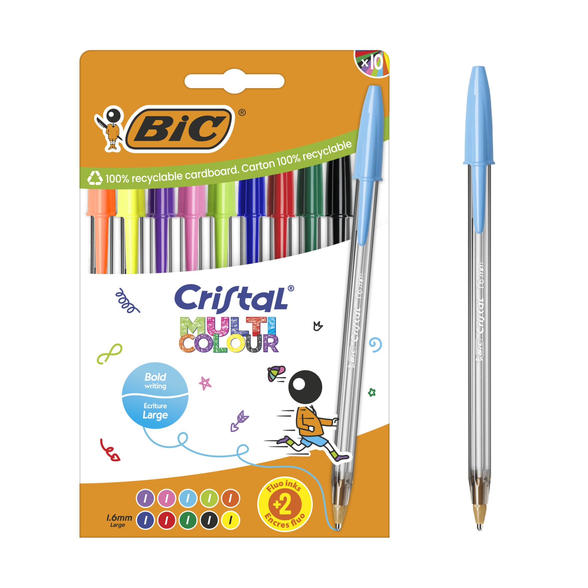 BIC Cristal Multicolour Broad Point Pens (1.6mm) - Classic, Neon and Fun Assorted Colors, Pack of 10
