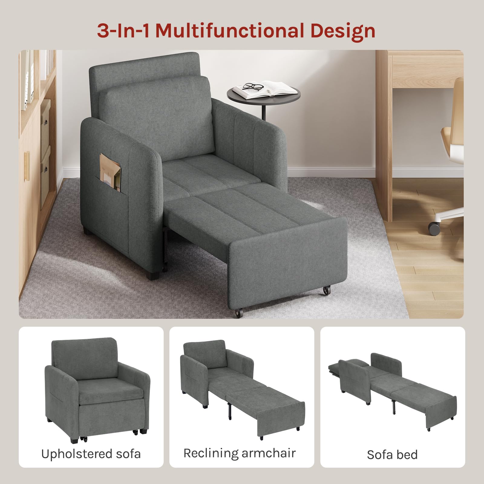 WOLTU 3-in-1 Schlafsessel, mit 5-Fach verstellbare Rückenlehne, Dunkelgrau | Schlafsofa mit Seitentasche, zu 235 cm verlängern, bequemer Lesesessel platzsparend, bis 150 kg, 76,5 x 85 x 82,5 cm