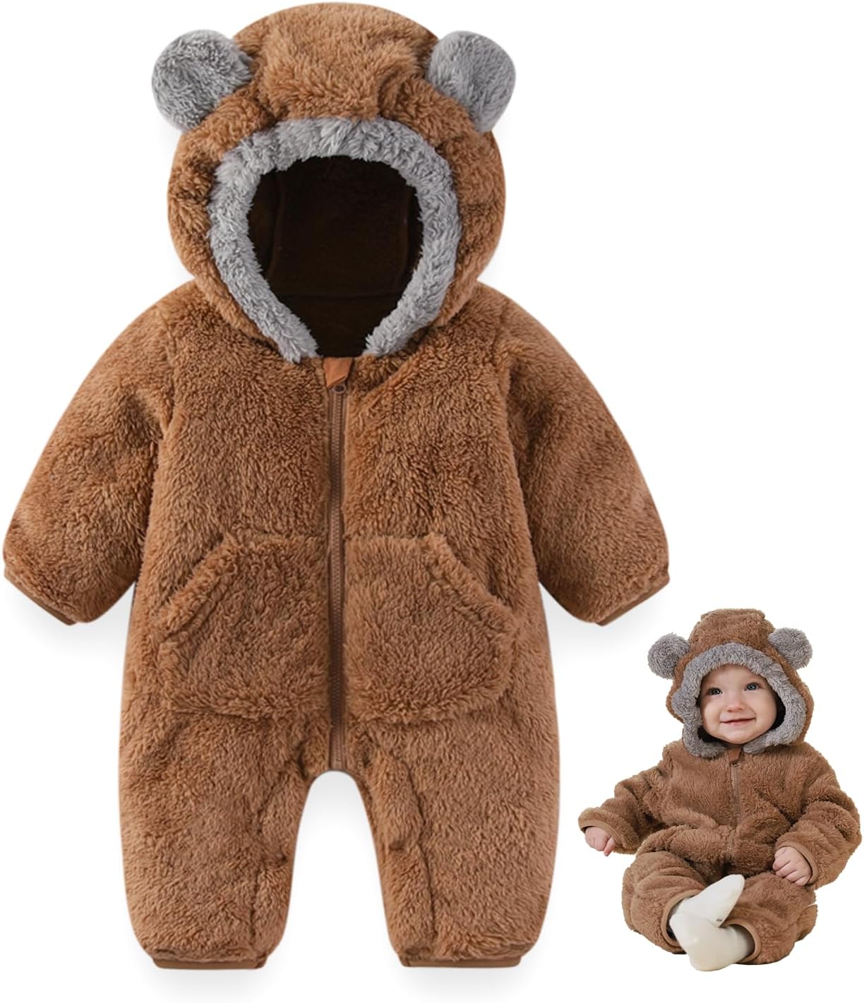 XIFAMNIY Newborn Winter Snowsuit Baby Bear Outfit Fleece Warm Jumpsuit Outwear Romper Clothes for Infant Girls Boys