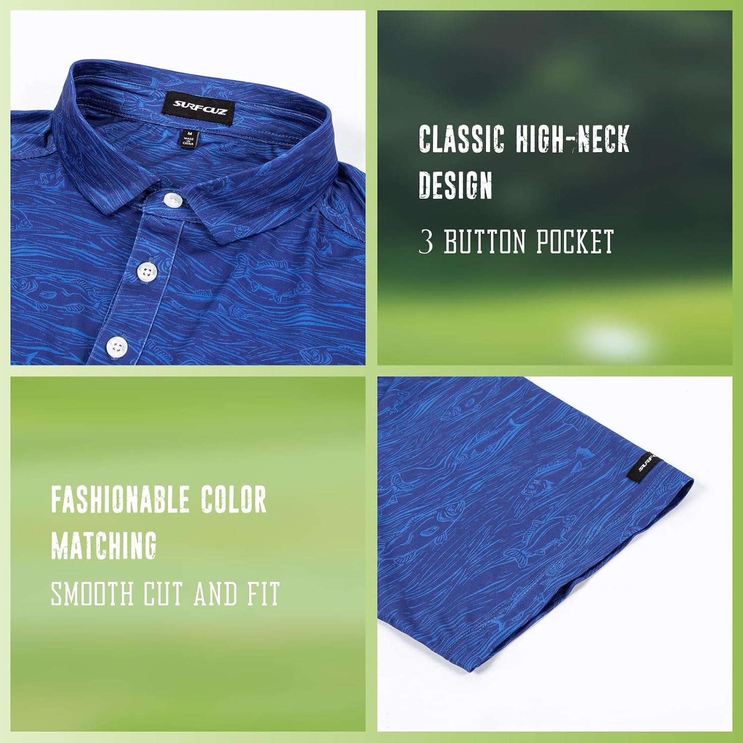 SURF CUZ Golf Shirt Moisture Wicking for Men Dry Fit Polo Shirts Short Sleeve Print Performance 4-Way Stretch