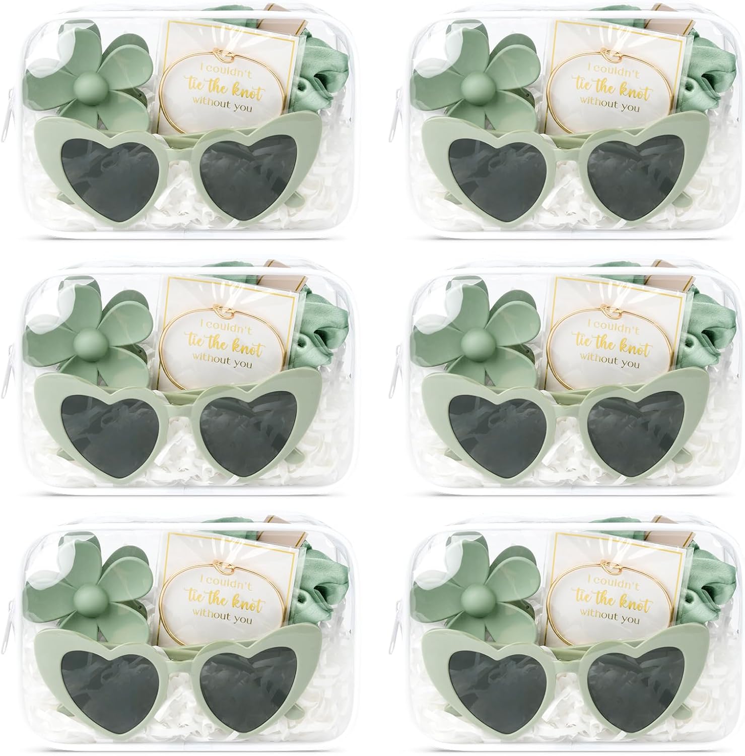 DEEKA 30 Pcs Bridesmaid Proposal Bag Set Gift Clear Makeup Toiletry Bag Bachelorette Party Favors Sunglasses Flower Claw Clips Scrunchies Knot Bracelets Bridal Wedding Party Gifts (Sage Green)