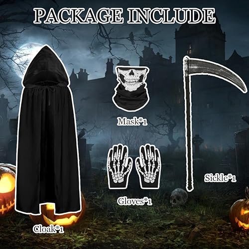 Miniatura 2 de Kids Grim Reaper Costume Cloak Boys Halloween Costumes Scary Velvet Hooded Cape with Skeleton Mask Gloves Scythe Props