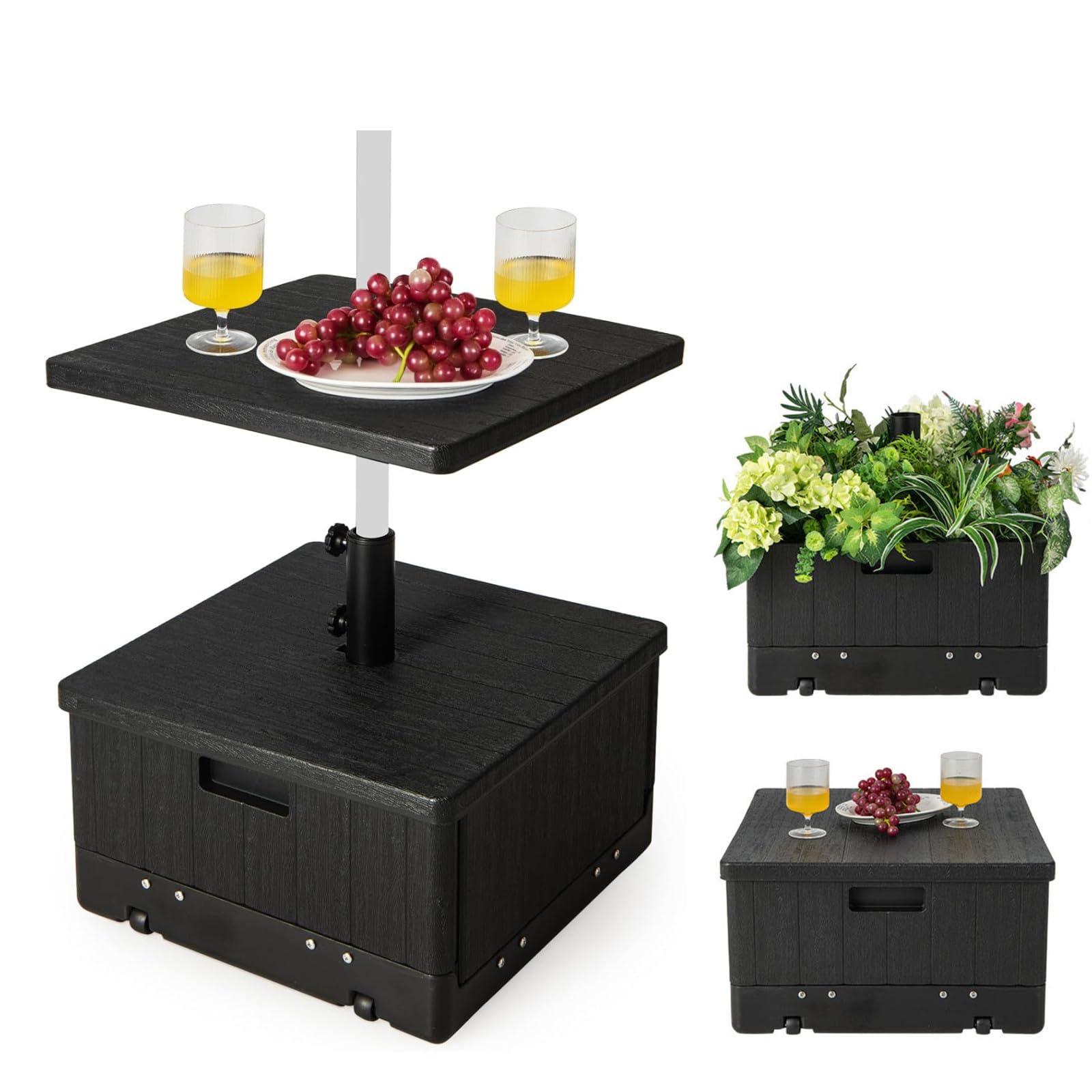 RELAX4LIFE 3 en 1 Soporte para Sombrilla Rellenable con Ruedas y Mesa Auxiliar, Base Sombrilla HDPE con Asas y Bolsa de Peso para Postes de Sombrilla 38/48 mm para Terraza/Piscina/Jardín (Negro)