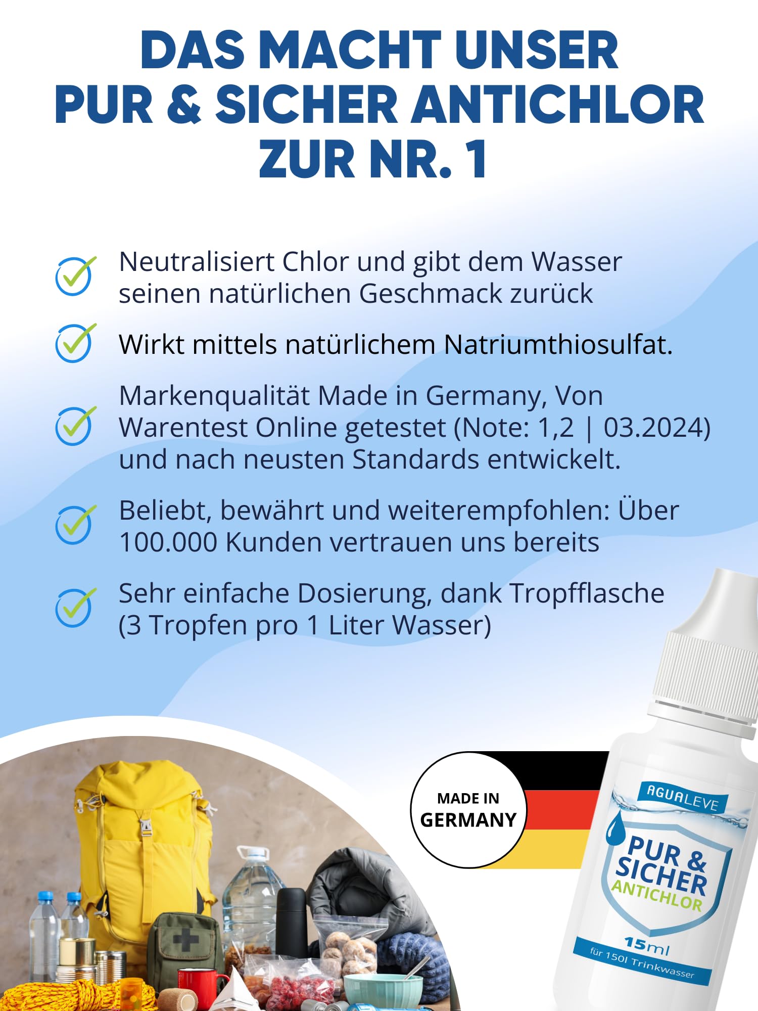 AGUALEVE® Antichlor 15ml für 150l Wasser *NEU* | Neutralisiert Chlor im Trinkwasser | Perfekt für Reisen und nach Wasserentkeimungstabletten | Markenqualität Made in Germany | mit Note 1,2 getestet