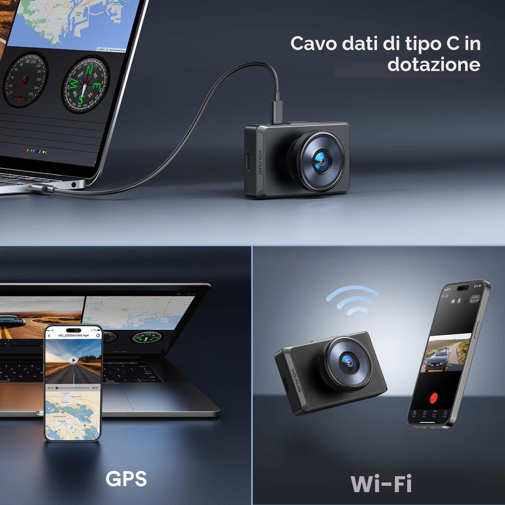 WOLFANG Doppia Dashcam, Dash Cam Auto 4K Full HD WiFi Telecamera con Pantalla Táctil IPS da 3", 24H Monitor di Parcheggio, Visione Notturna,WDR, G-Sensor,Registrazione in Loop, Max 256G
