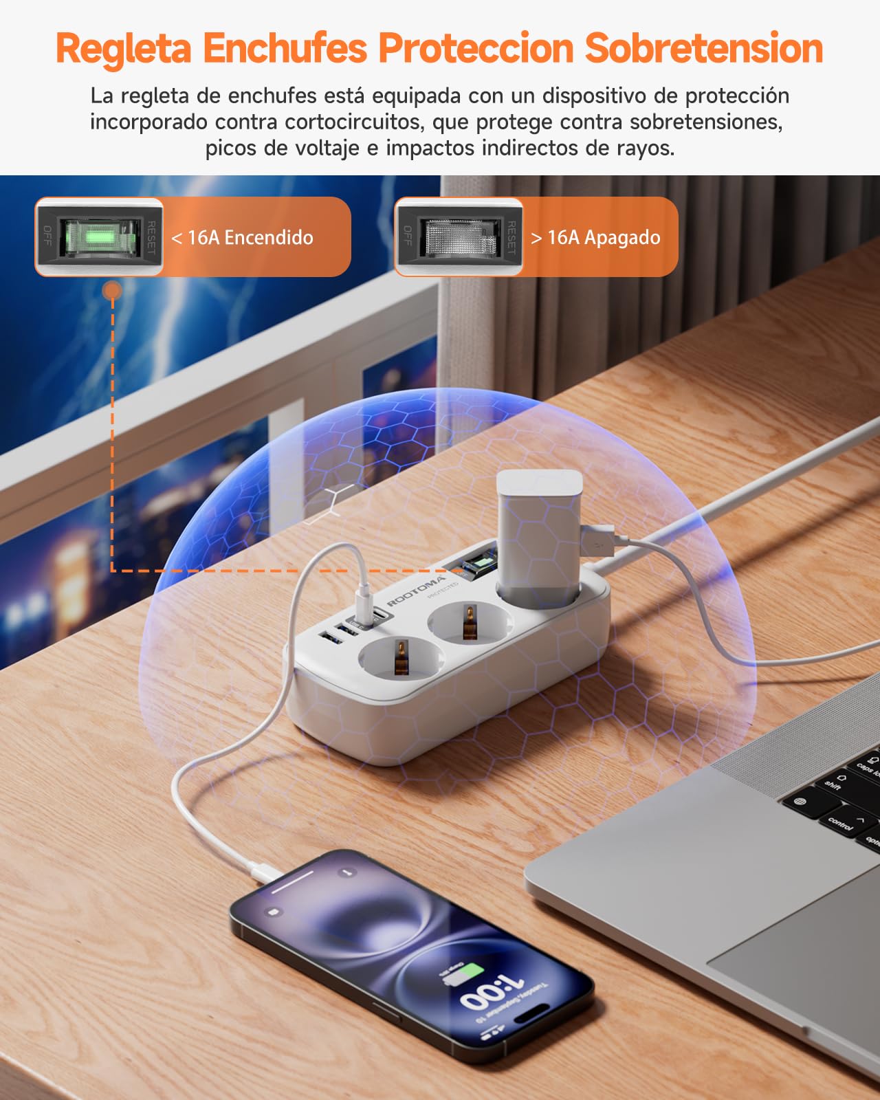 Regletas Enchufes con USB, Protección Sobretensión, 3 Tomas con Interruptor, Enchufe Múltiple de Carga 2 USB C y 2 USB A (5V/3,1A), Cable 1,5m, Ideal para Viajes y Hogar, 16A/4000W — view 6