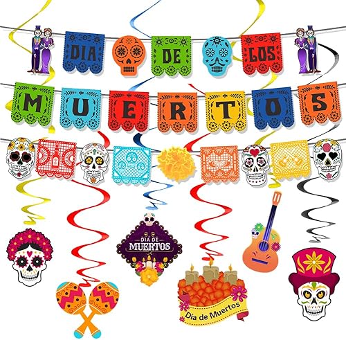 Decoraciones de fiesta mexicana, paquete de 3 pancartas y 6 espirales, colorido cartel de fiesta de fieltro, decoración del día de los muertos,