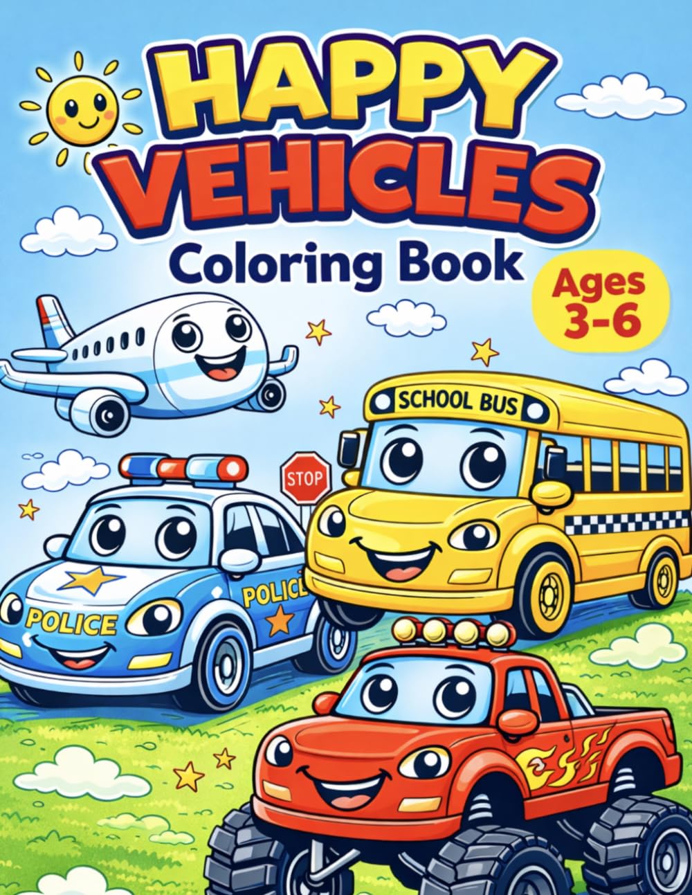 Happy Vehicles Coloring Book for Kids: Cute Cars, Trucks, Planes, Boats and Trains with Smiling Faces | Fun Coloring Book for Ages 3-6 (Bright Path Coloring Book Series)