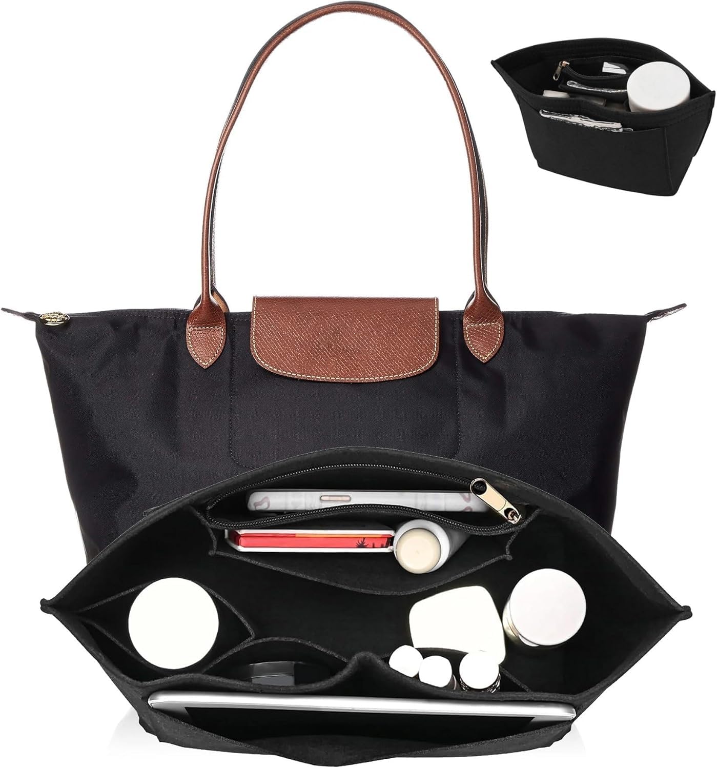 Umiup Bag Insert Organiser for Longchamp Le Pliage, Handbag Organiser Felt Bag Organiser with Multifunctional Pockets, Large Capacity for Longchamp Large/Medium/Small