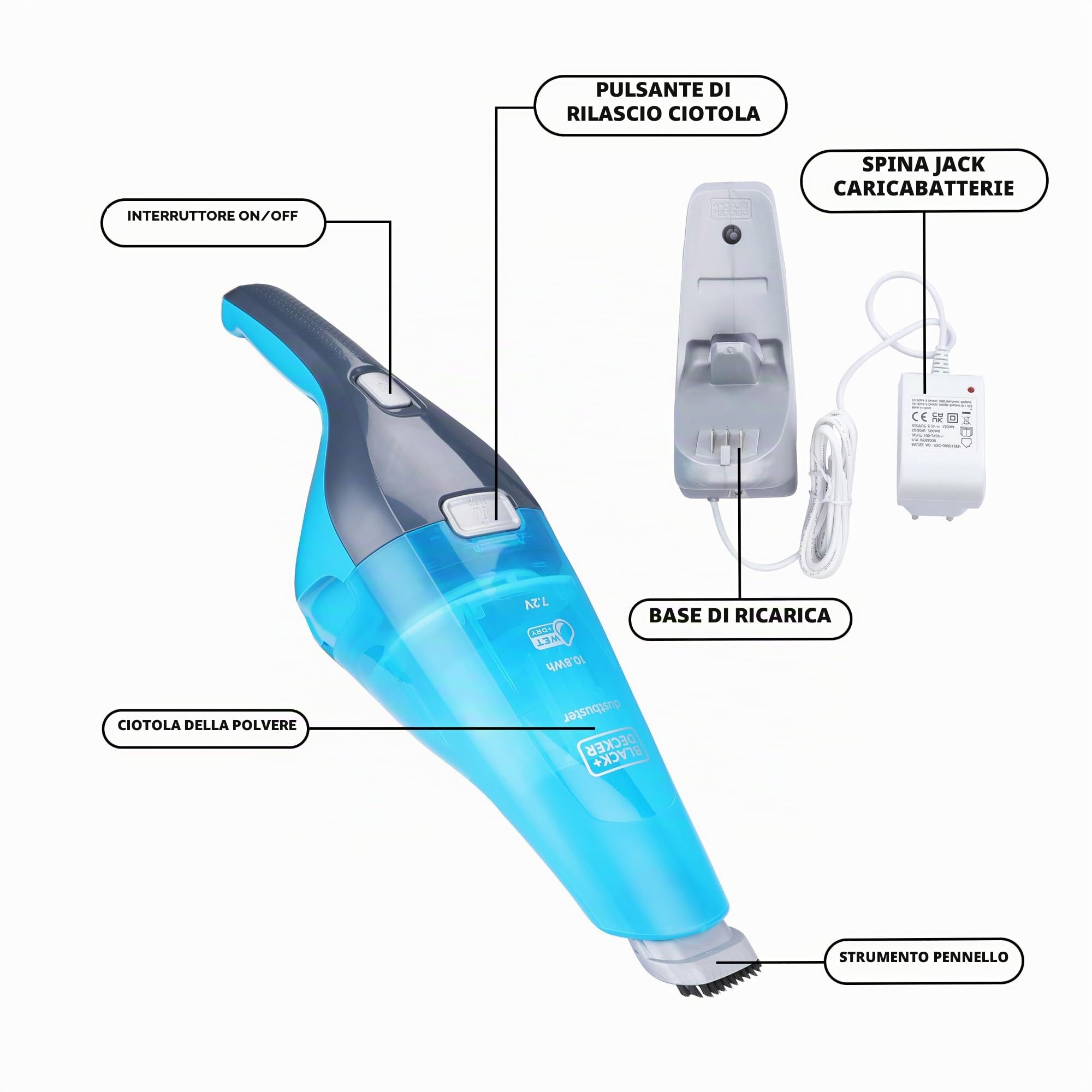 BLACK+DECKER WDC215WA WDC215WA-QW, Aspirapolvere da Tavolo, Blu, Titanio
