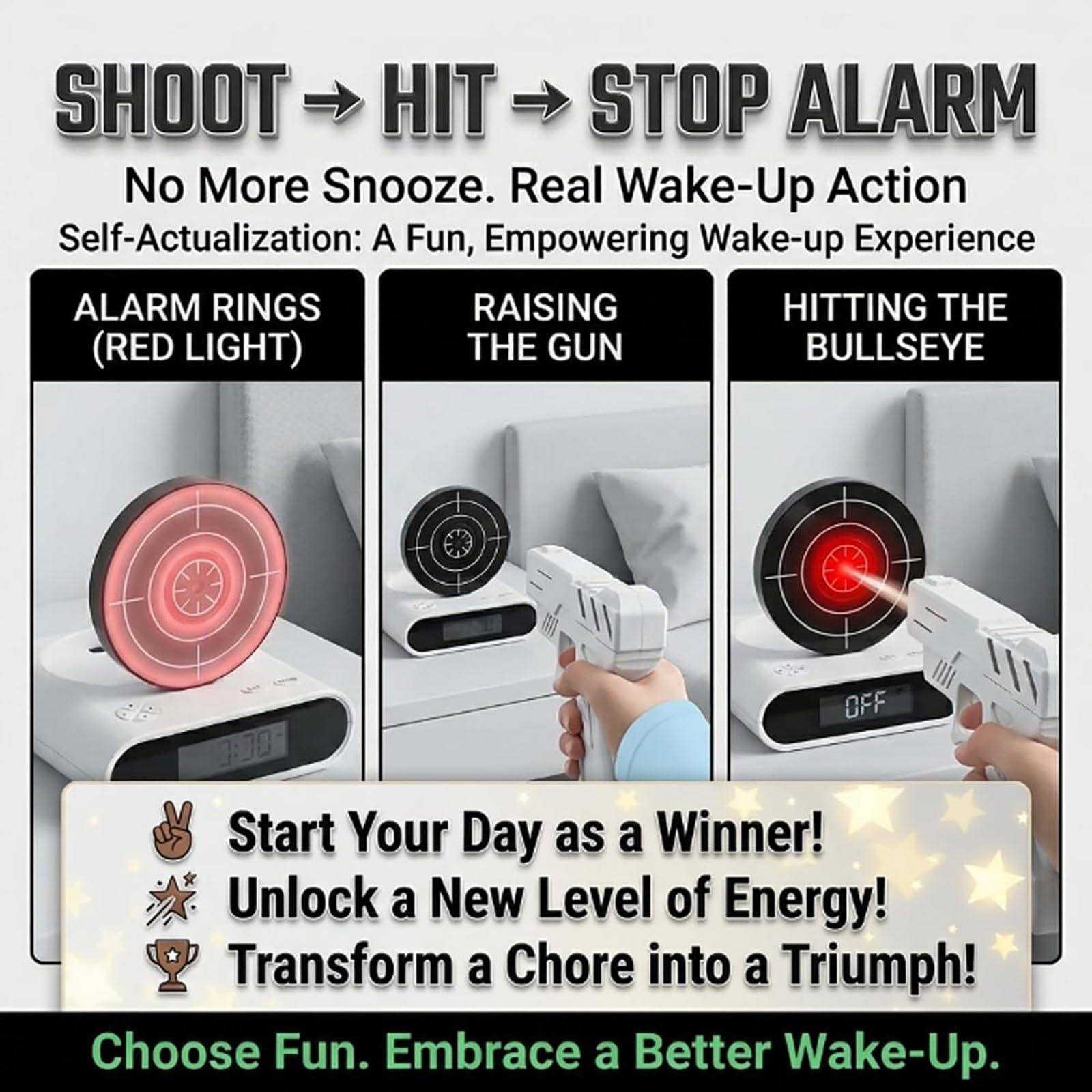 Sveglia interattiva con pistola e bersaglio, timer digitale LED 2 modalità allarme, orologio personalizzato per sonno pesante (Army Green)
