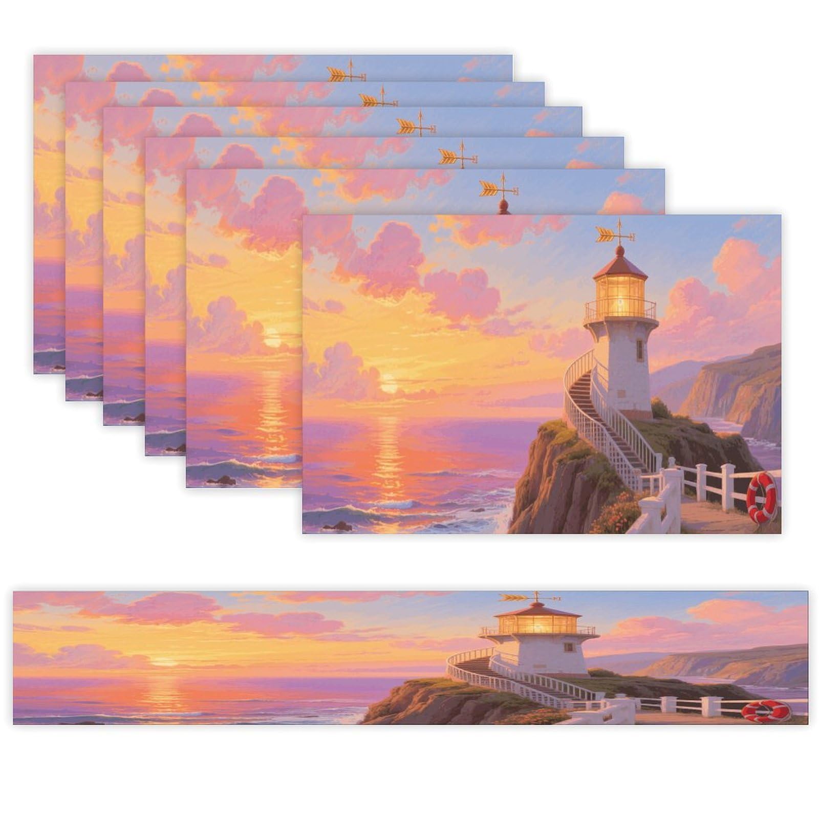 Sunset Lighthouse Table Runner and Placemats Set of 7 Linen Table Mat Non-Slip Place Mats Washable Placemat Heat Resistant Place Mat with Table Runner for Party Dining Decor