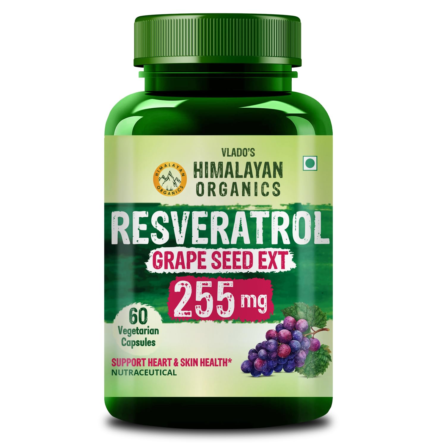 Vlado’s Himalayan Organics Resveratrol 255mg with Grape Seed Extract Supplement | Support Heart And Skin Health | Stop Aging | Powerful Anti-oxidant | Anti Aging Supplement for Youthful Skin I Pharma Grade Resveratrol Supplements for Max Absorption - 60 Veg Capsules