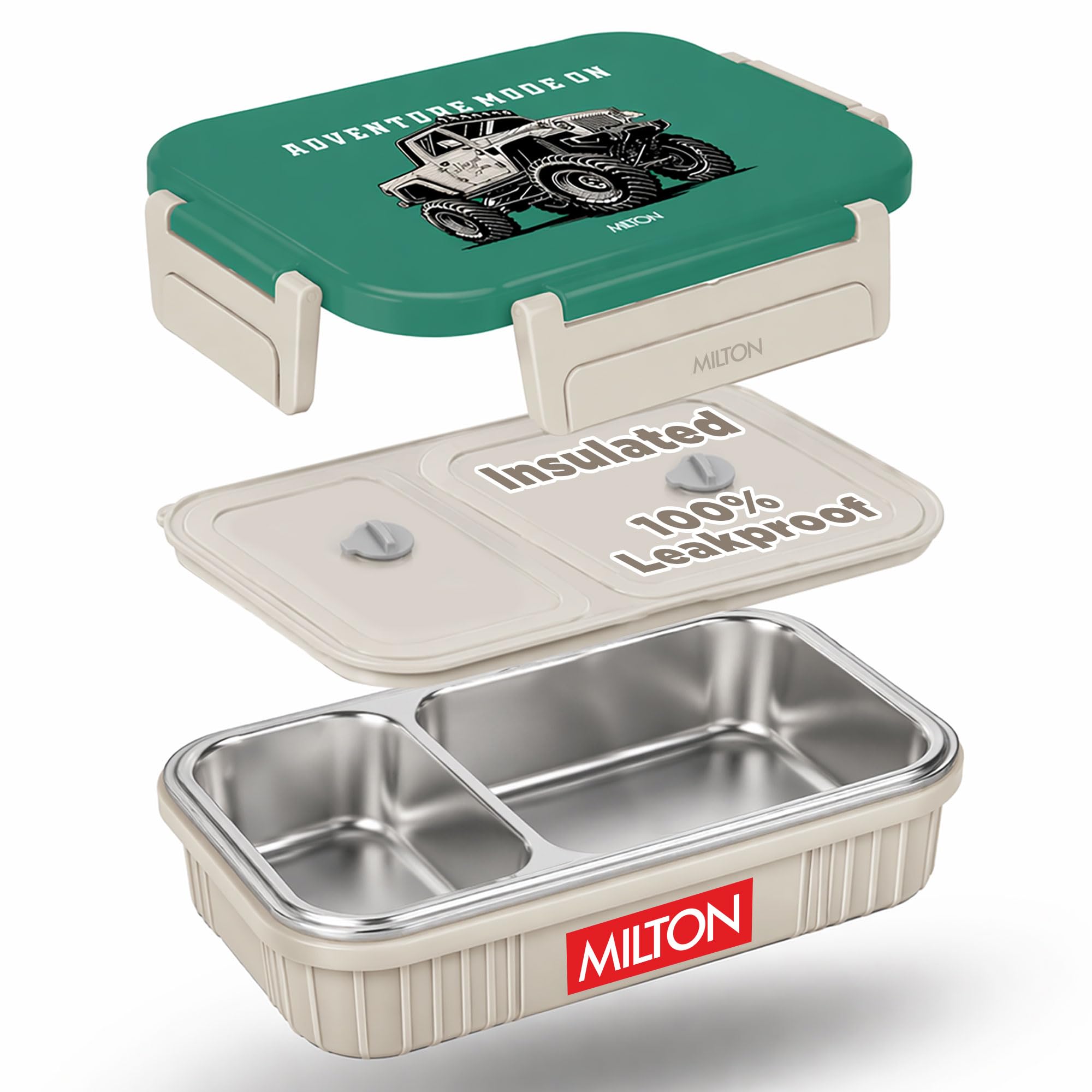 MILTON Meal Safe 2 Inner Stainless Steel Tiffin Box for School with Steam Release Plug | PU Insulated, Leak-Proof, Food Grade I Lunch Box for Kids Boys, Girls with Snap Lock Lid, 465 ml, Ivory
