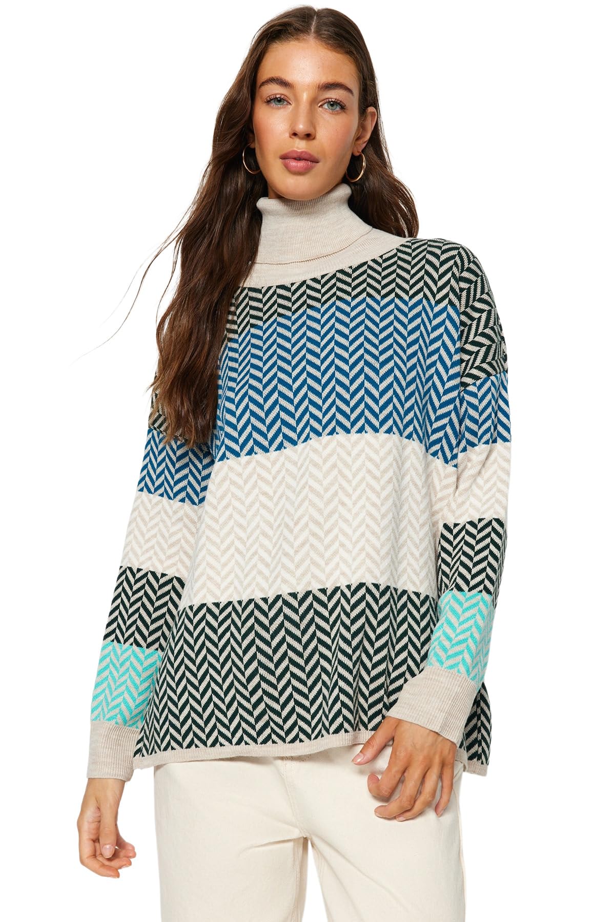 Trendyol FeMan Oversize Basic Turtleneck Knitwear Sweater,Mink,L
