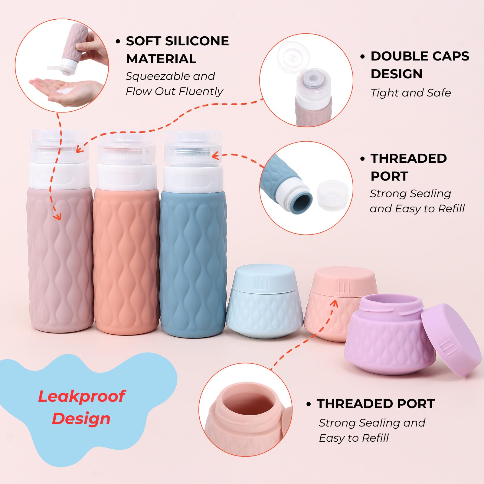 WUZIA 11pcs Travel Silicone Makeup Containers Set, Refillable 100ml Leakproof Squeezable Lotion Bottles & 30g Cream Jars - Image 3
