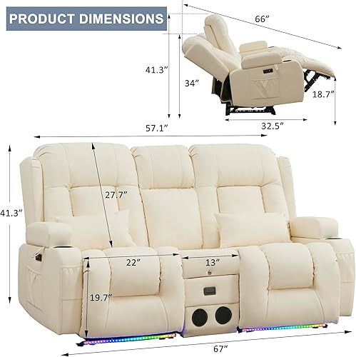 Miniatura 2 de URRED Sofá reclinable de dos plazas con masaje y calor, sofá biplaza reclinable eléctrico con consola, asiento de cine en casa con luces LED,