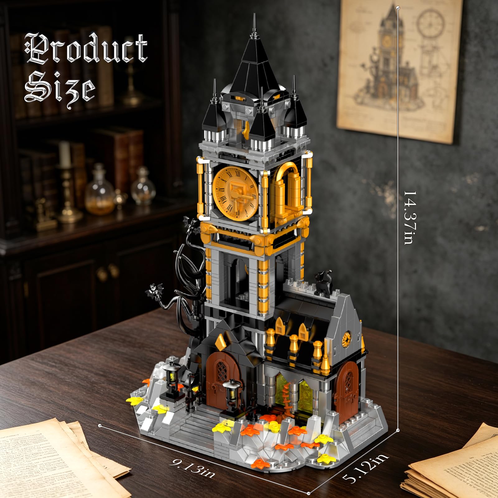 Vziimo Magic Clock Tower Bausteine, Gothic Haus Klemmbausteine Deko Modell mit Katze & Tiere, Schloss MOC Creator Geschenk für Erwachsene ab 15 Jahren (1232 Teile)