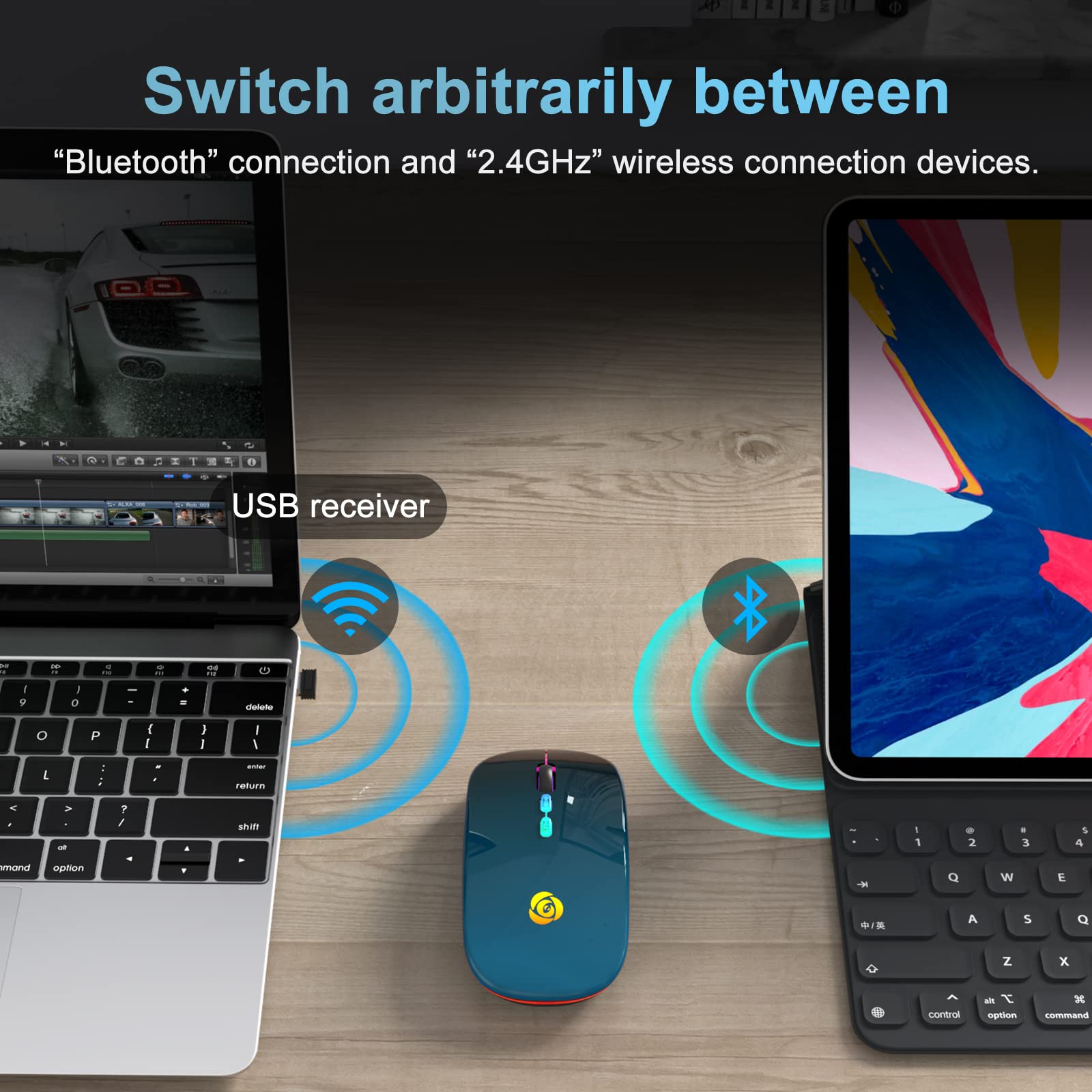 CC Store Mouse Wireless, Wireless Ricevitore USB a 2.4G Tipo C, mouse Bluetooth Ricaricabile, 7 Colori, Sottile 3 DPI 800/1200/1600, Mouse Silenzioso Compatibile con iPad/PC/Mac/Windows