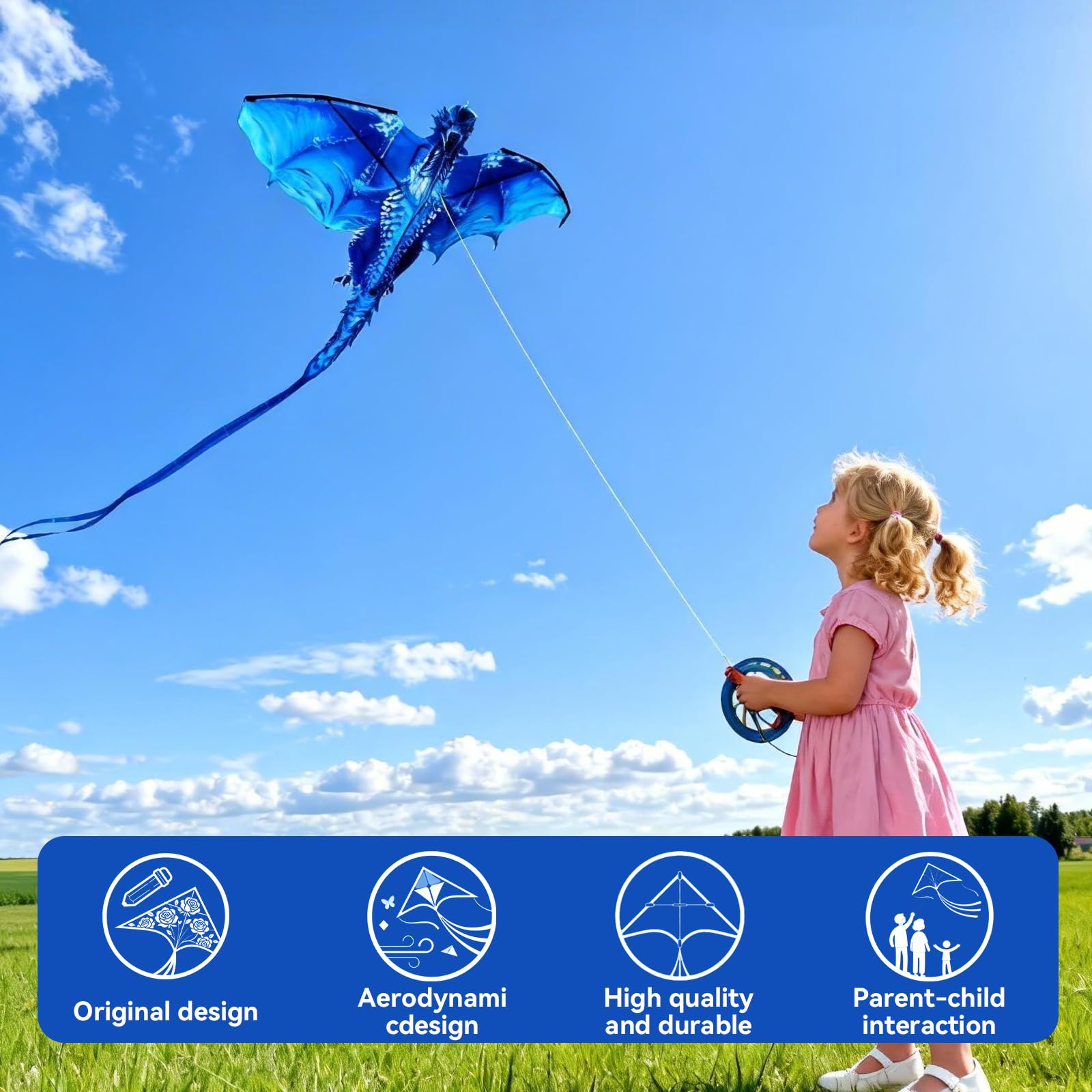 Cometa dragón grande para niños y adultos, fácil de volar con cuerda de 300 pies, perfecta para playa, parque, actividades al aire libre, regalo para niños y niñas (hielo)
