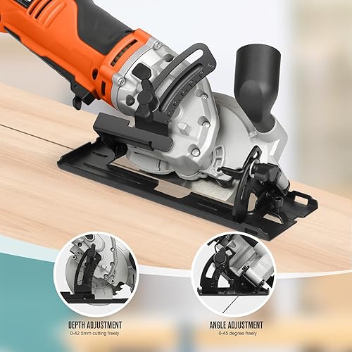 Miniatura 4 de Mini sierra circular, sierra circular con cable de 6 amperios, 5200 RPM, guía de rasgadura, sierra compacta con 2 cuchillas (hoja de madera 24T y