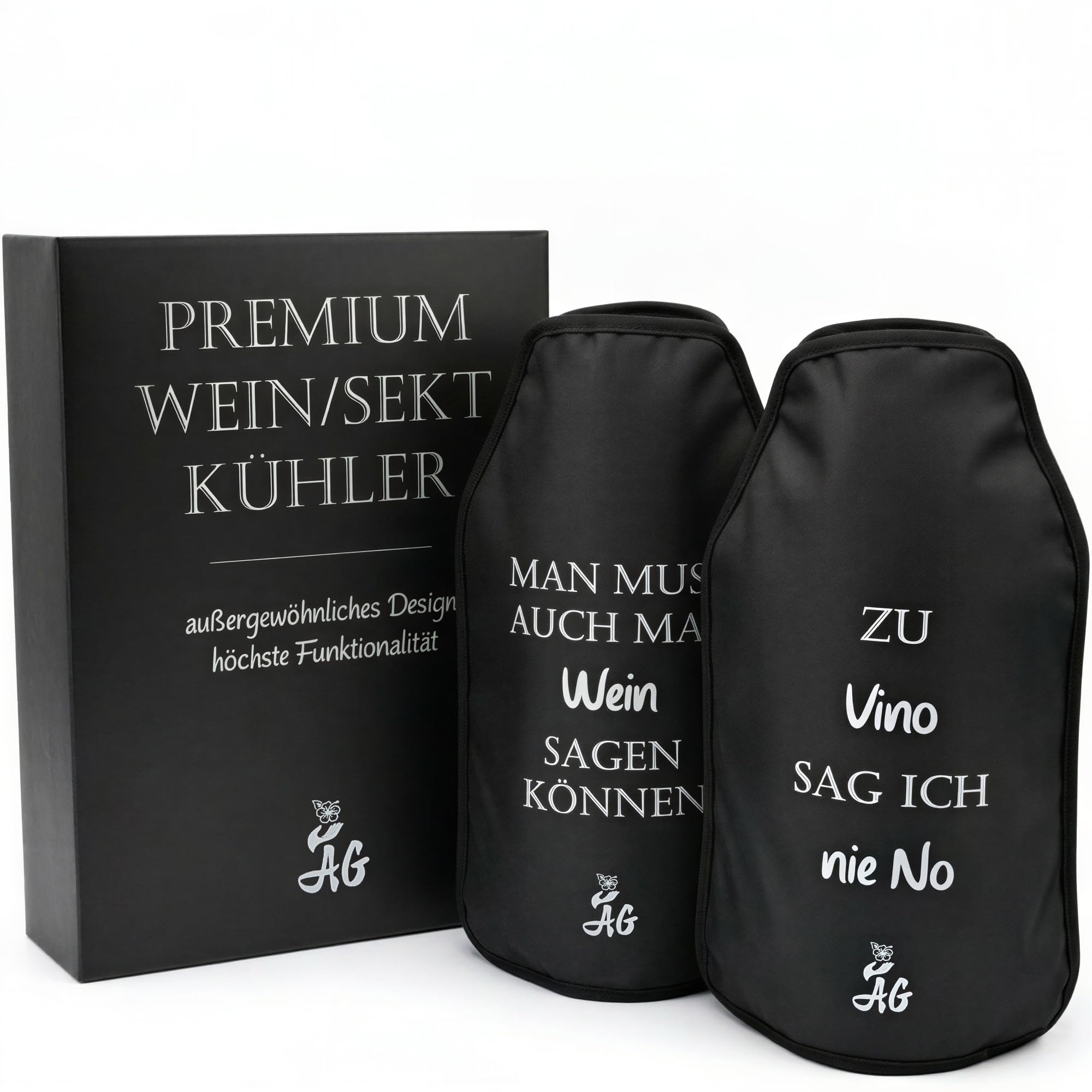 AG Kühlmanschette, Set aus 2 Kühlern, Weinkühler, Flaschenkühler, Sektkühler, Edel und hochwertig mit witzigen Sprüchen, Wiederverwendbar