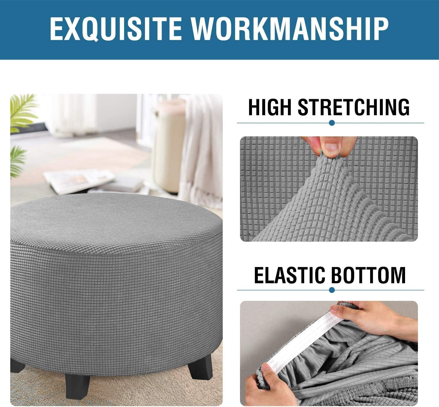 Ottoman Cover Stretch Ottoman Slipcover Round Ottoman Storage Cover Folding Stool Covers Furniture Protector Cover (Light Grey,X-Large)