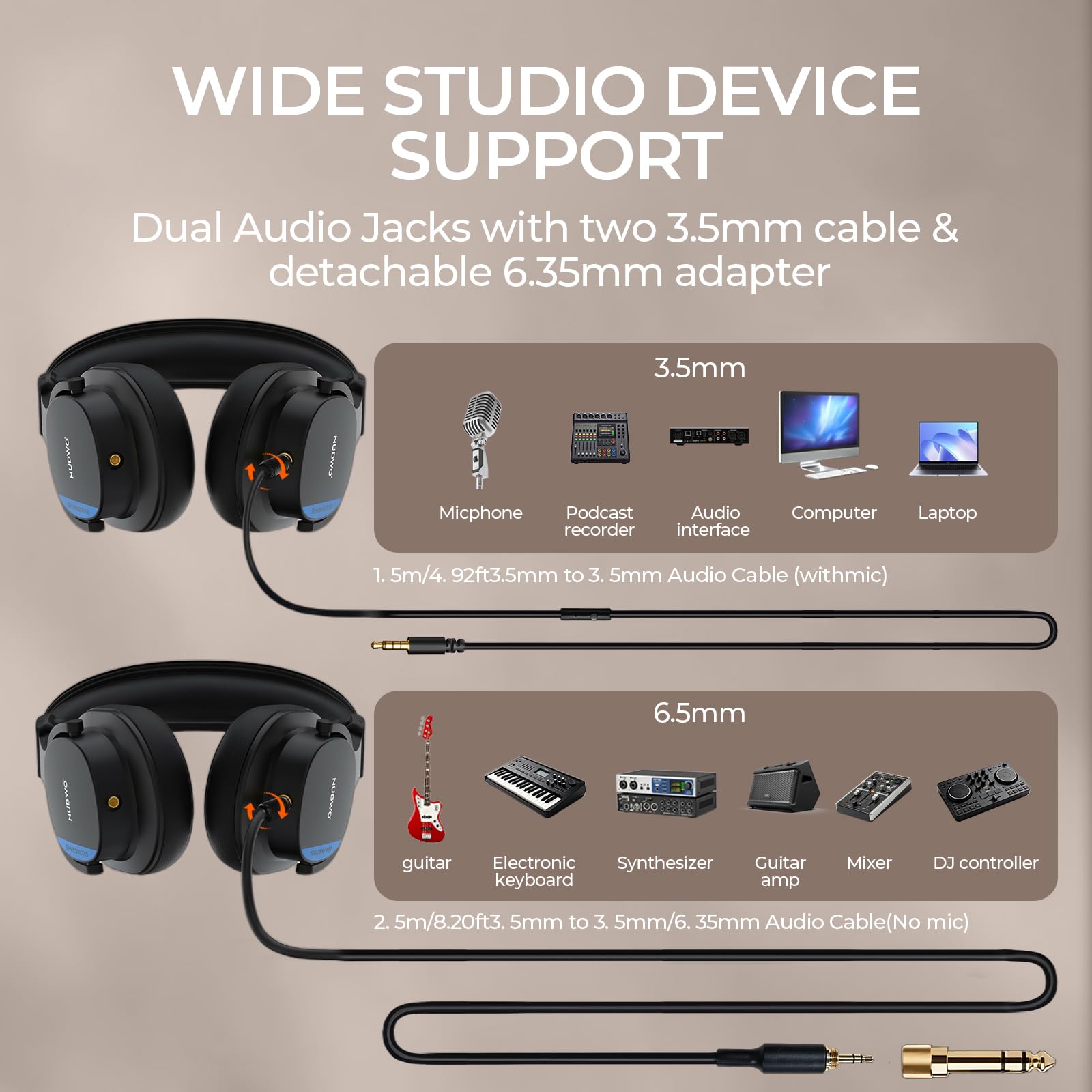 NUBWO HD01 - Auriculares de estudio con cable, auriculares de alta resolución con adaptador de 0.25 pulgadas a 3.5 mm, ligeros auriculares de DJ cerrados para piano guitarra, amplificador mezclador de