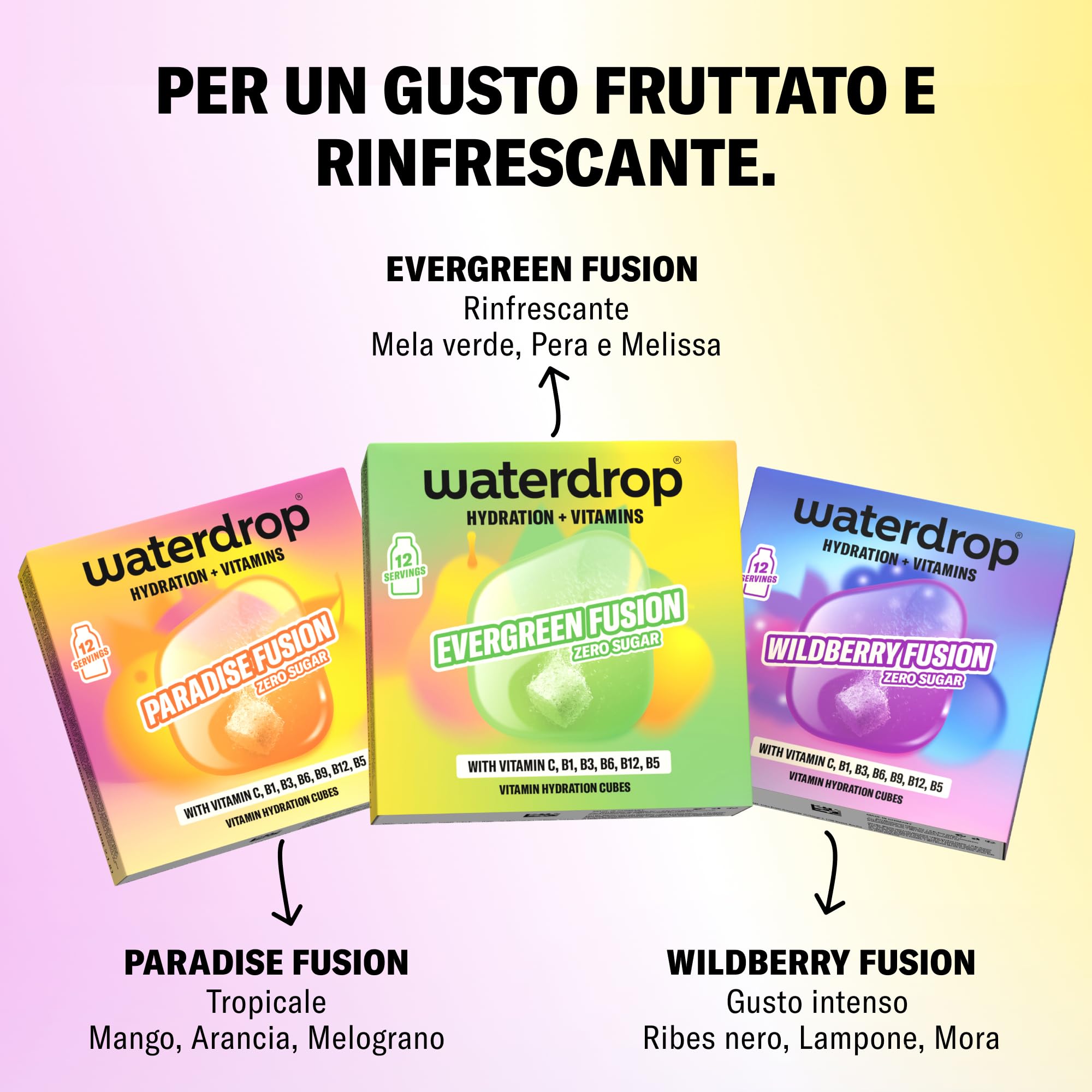 waterdrop® FUSION COLLECTION - Cubetti per Acqua - 36 Cubi (3x12) Mix di Frutta - Senza Zucchero con Vitamina C e Vitamina B12 - Alternativa ai Succhi di Frutta - Perfetto per Acqua Naturale - 5 kcal