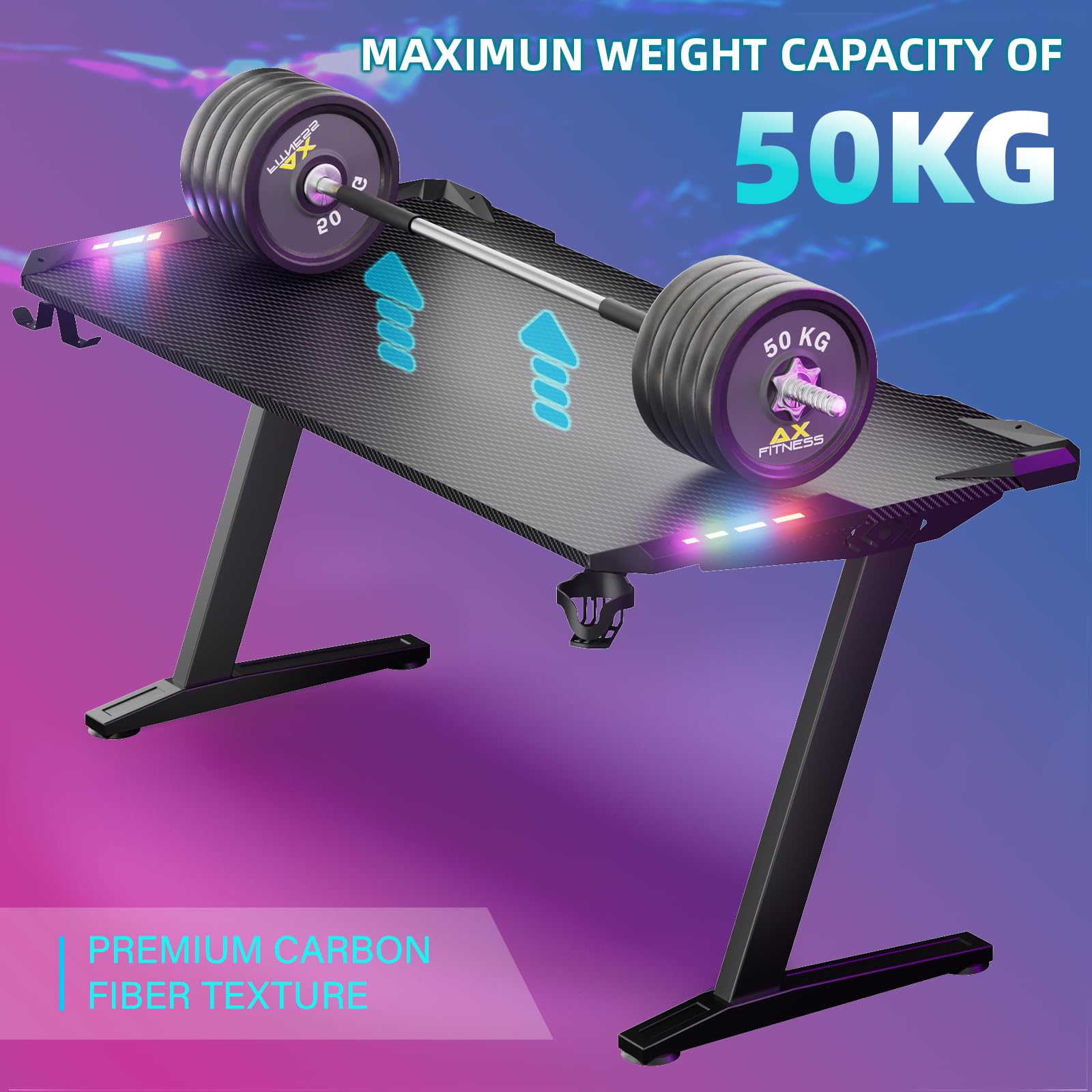 Himimi Scrivania Gaming LED 160 x 70 CM, Tavolo Gaming Ergonomica, Postazione Gaming Dotato con Piano del Tavolo in Fibra di Carbonio, Scrivania per Computer con Porta Bicchiere e Ganci per Cuffie