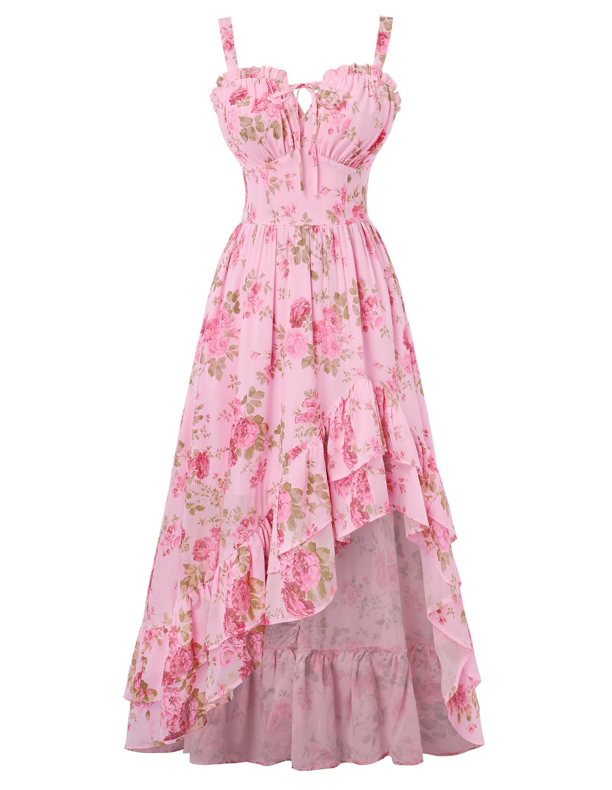 Scarlet Darkness Damen Viktorianisches Blumenkleid Spaghettiträger Sommerkleid High-Low Rüschensaum Lang Kleider Rosa Rosa Blume L