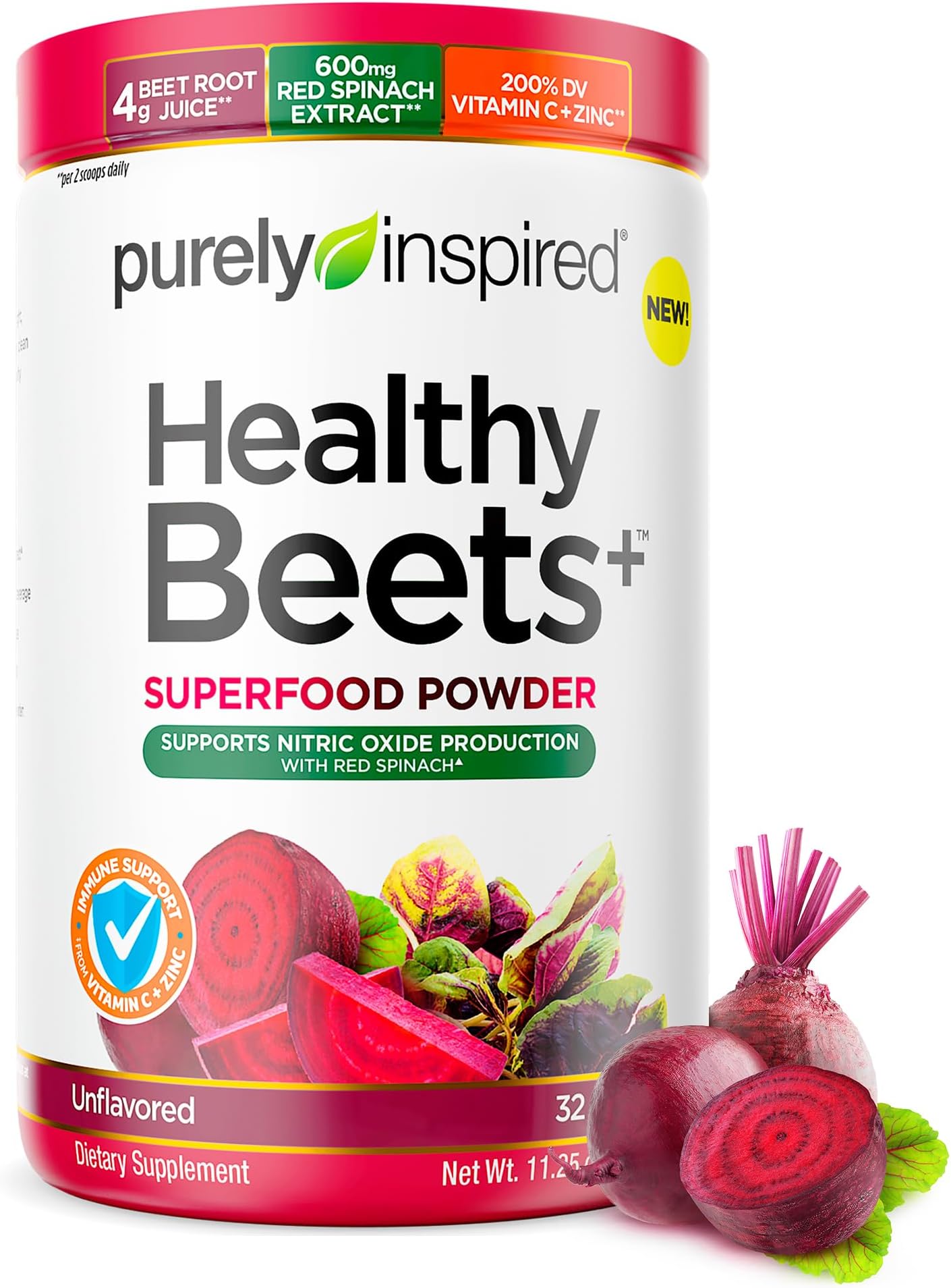 Purely inspired Beet Root Powder | Healthy Beets + Superfood Powder | Vitamin C & Zinc for Immune Support | Supports Nitric Oxide Production with Red Spinach | Unflavored (32 Servings)